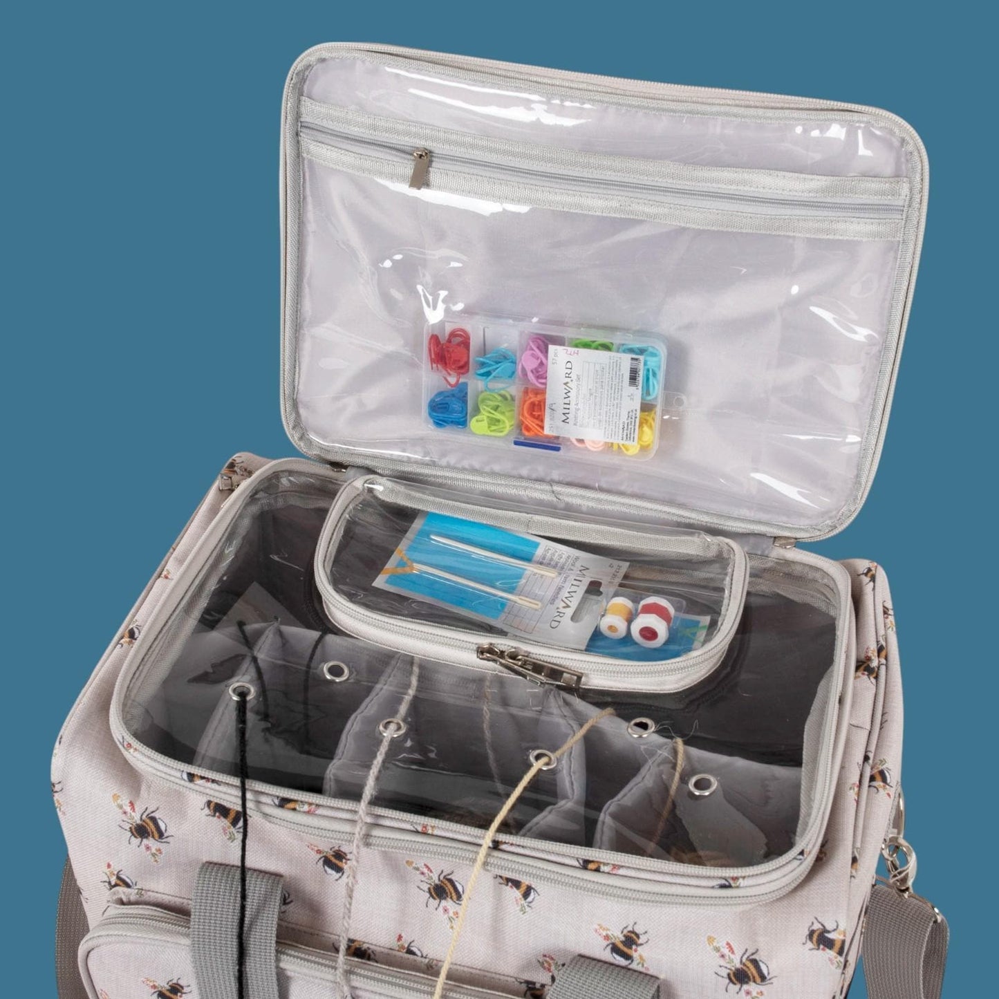 Bee Knitting & Craft Tote Organiser Bee Design Sturdy Bag with Lots of Compartments