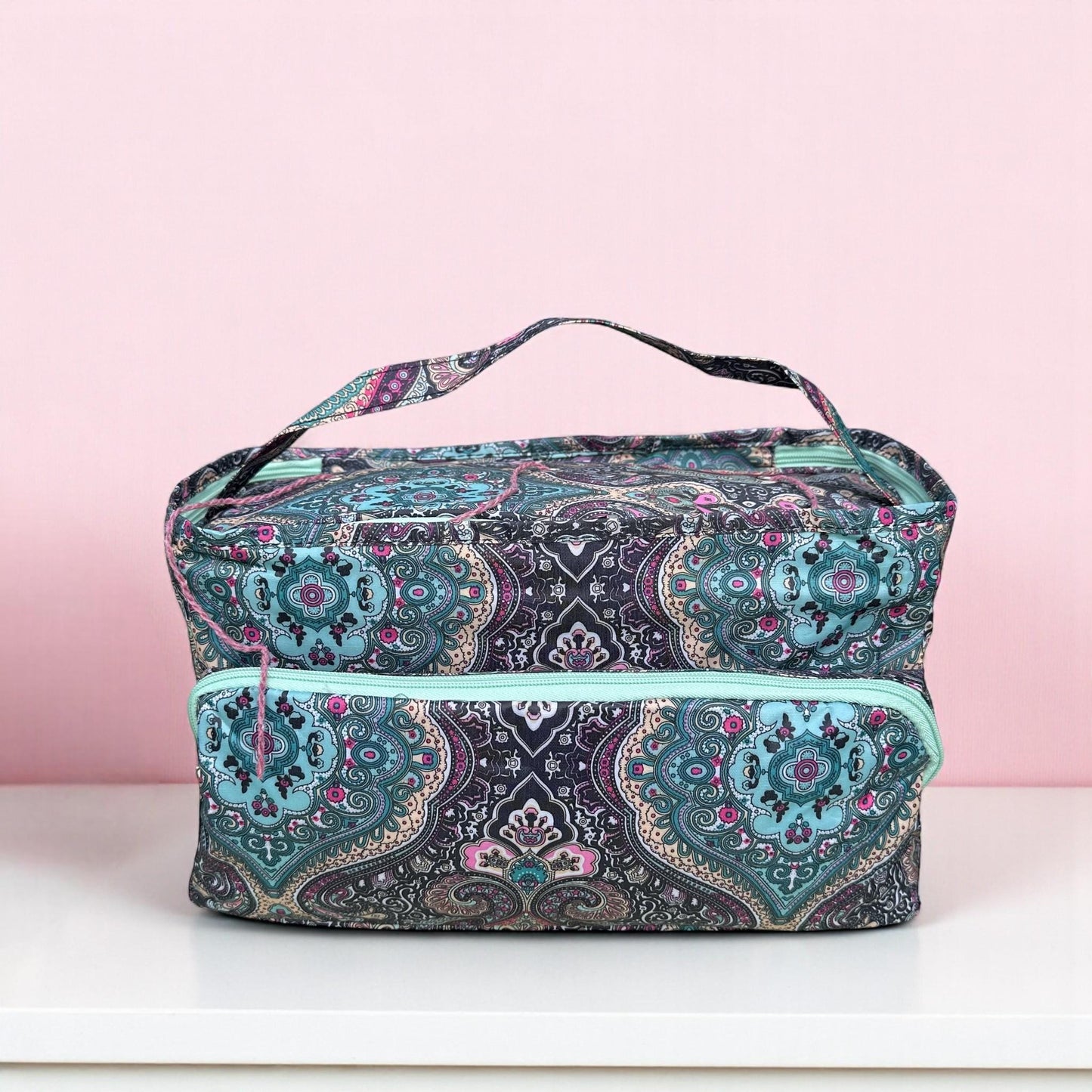 Lightweight Knitting Bag Yarn Storage. Abstract Pink & Green Pattern, 3 Feeder Holes, Front Storage Pocket