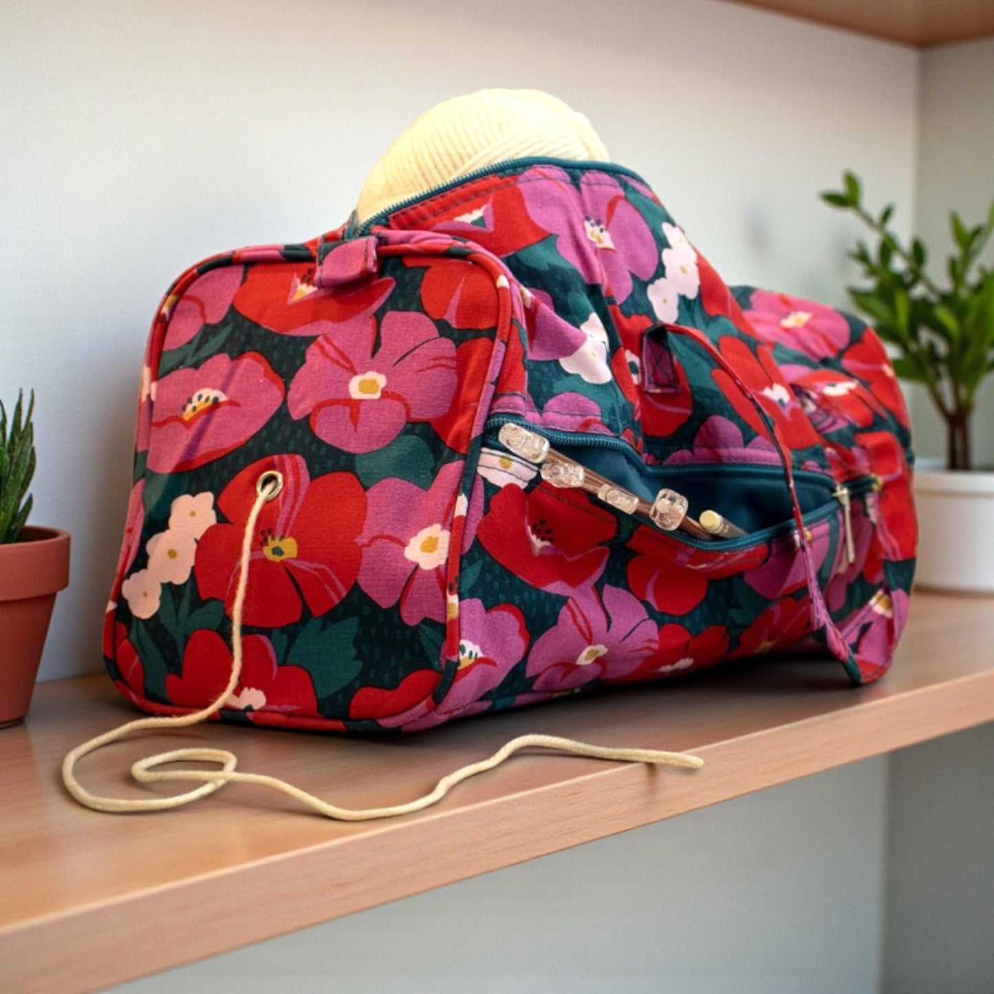 Modern Floral Knitting Bag – Cotton Yarn Storage with Zip Pocket & Handles