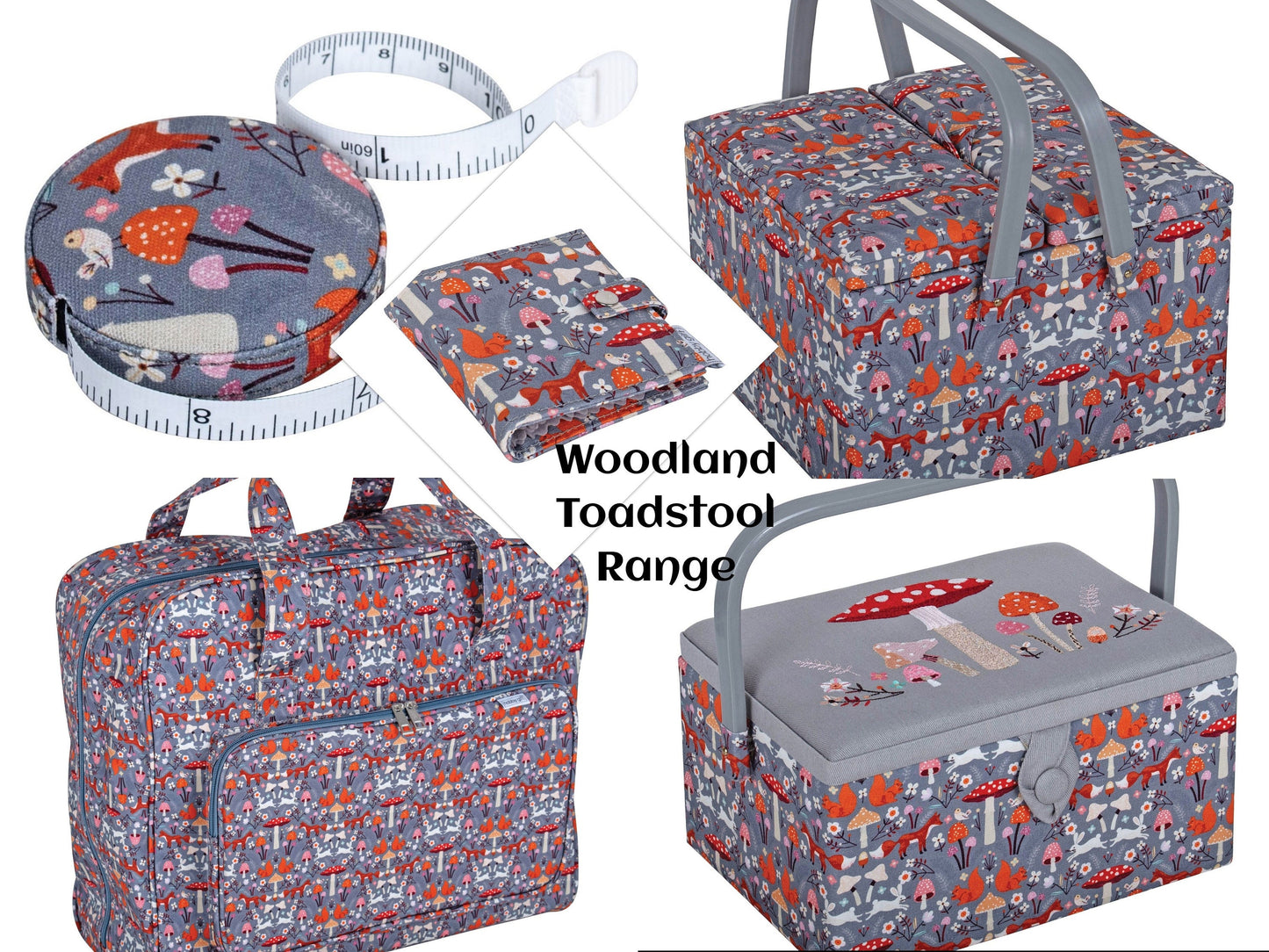 SEWING BASKET BOX Woodland Toadstool Square Design With Twin Lids