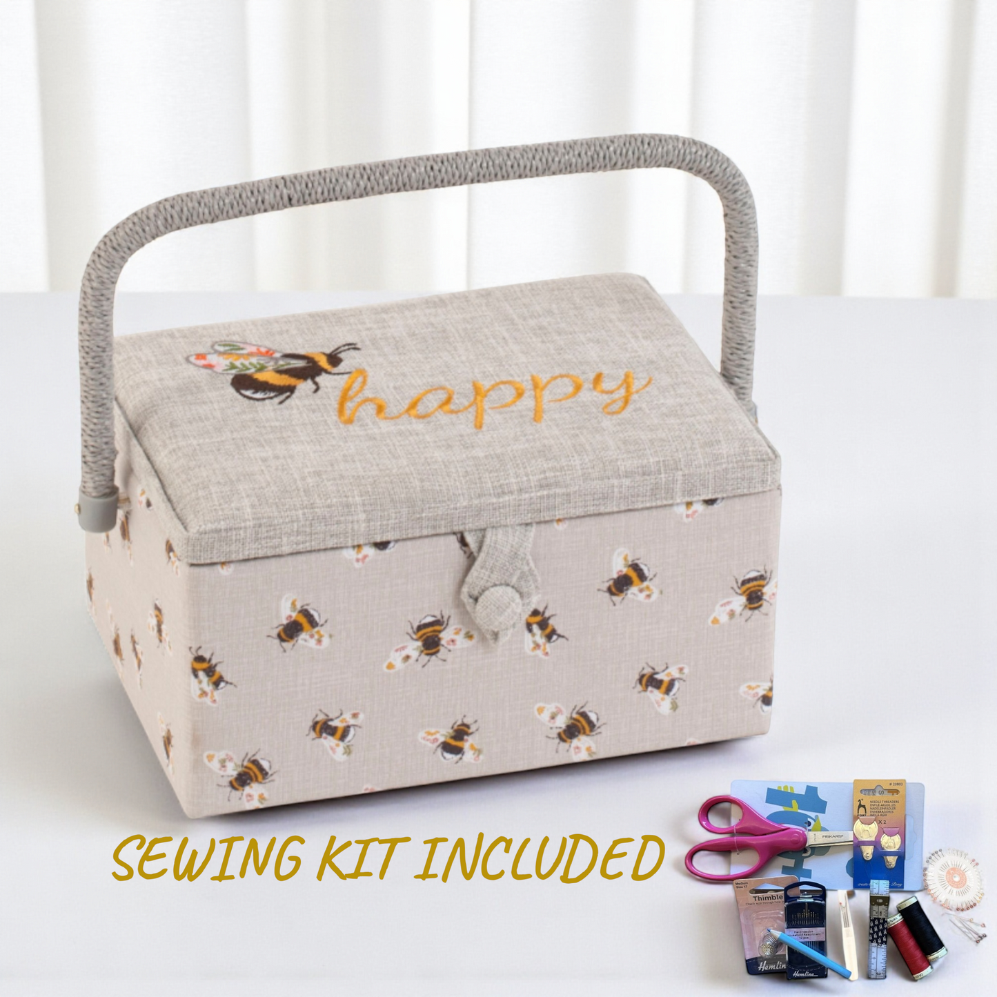 Bee Happy Embroidered Sewing Box with Optional Sewing Accessory Kit