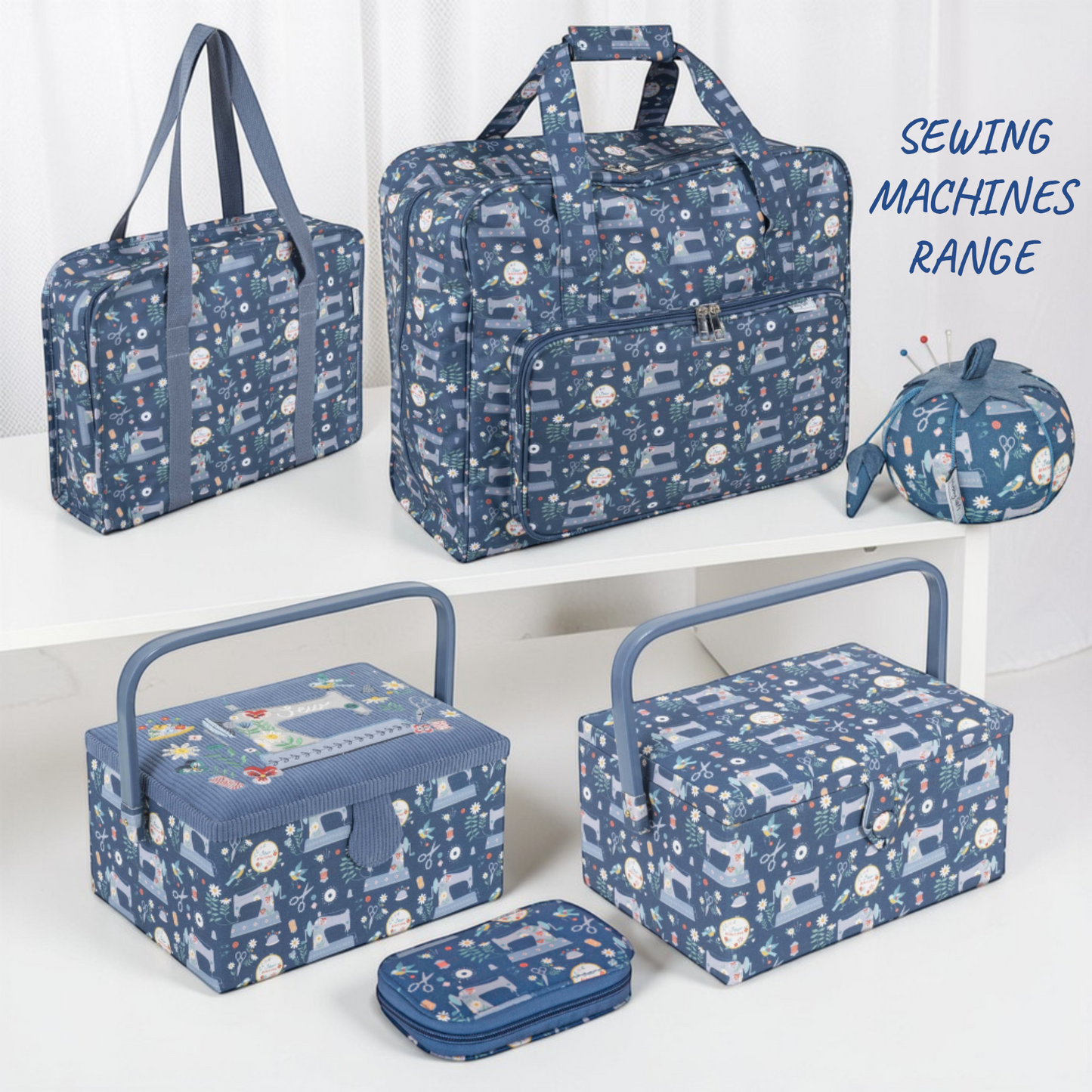 Embroidered Sewing Box – Blue Sewing Machines Design Basket with Optional Accessory Kit
