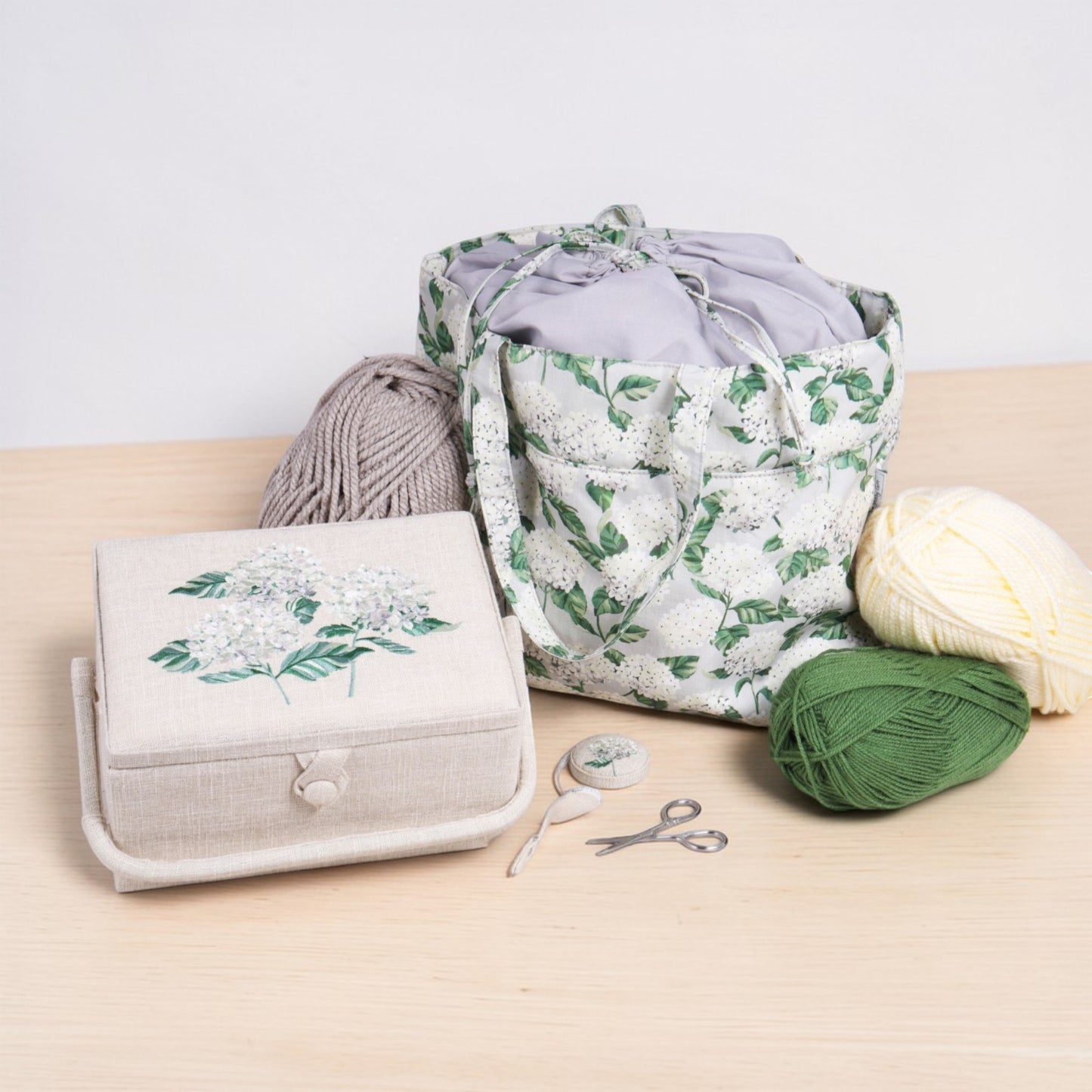Sewing Basket Hydrangea Design with Embroidered Lid and optional Sewing Kit