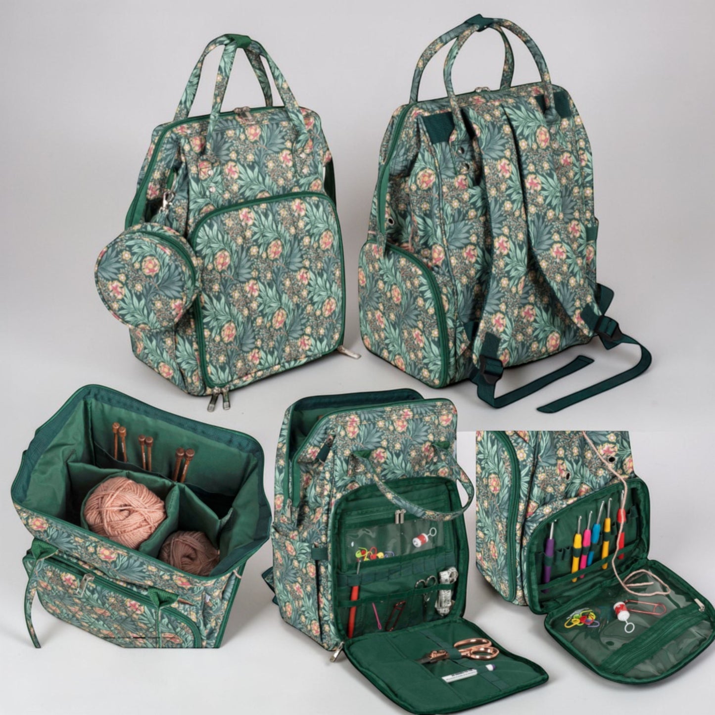Craft Storage Bag with Hoop Pocket, Morris Green Embroidery Project Bag, Cross Stitch Organizer