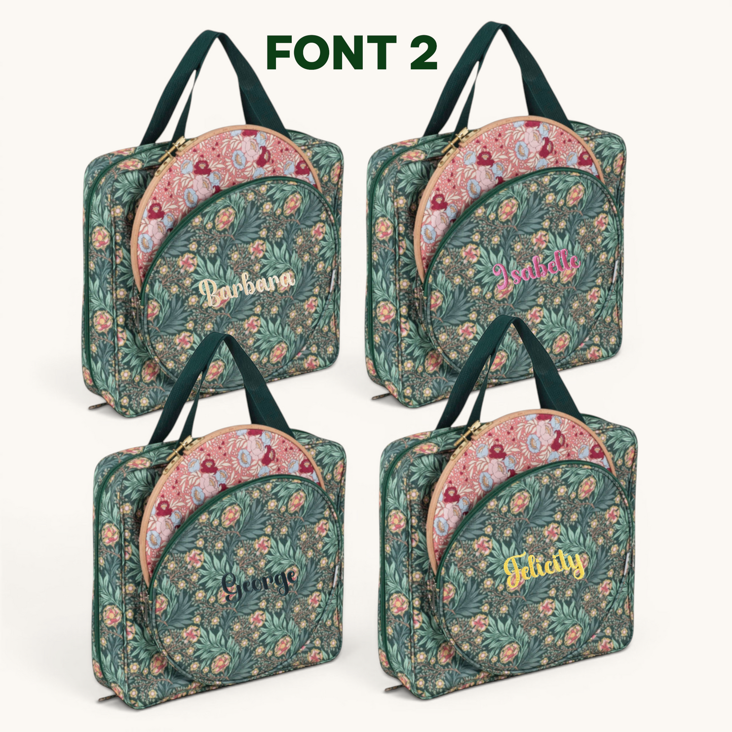 Personalised Craft Storage Bag with Hoop Pocket, Morris Green Embroidery Project Bag