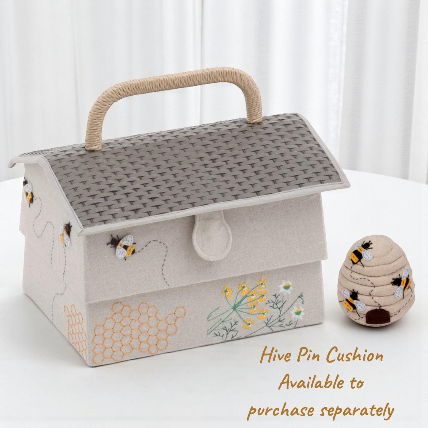 Bee Hive Sewing Basket with Tray, Appliqué Bees & Flowers