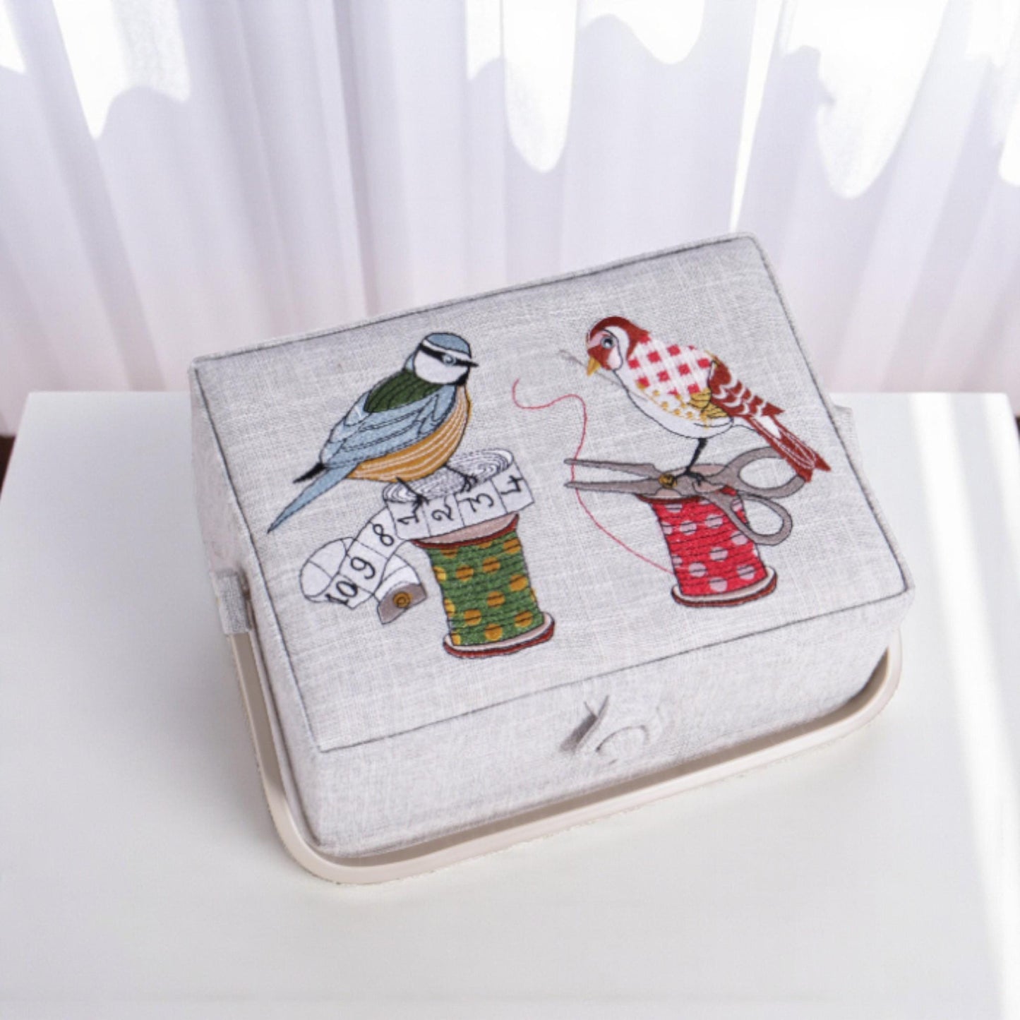Sewing Basket ‘Birds on a Bobbin’ Design with Embroidered Lid and optional Sewing Kit