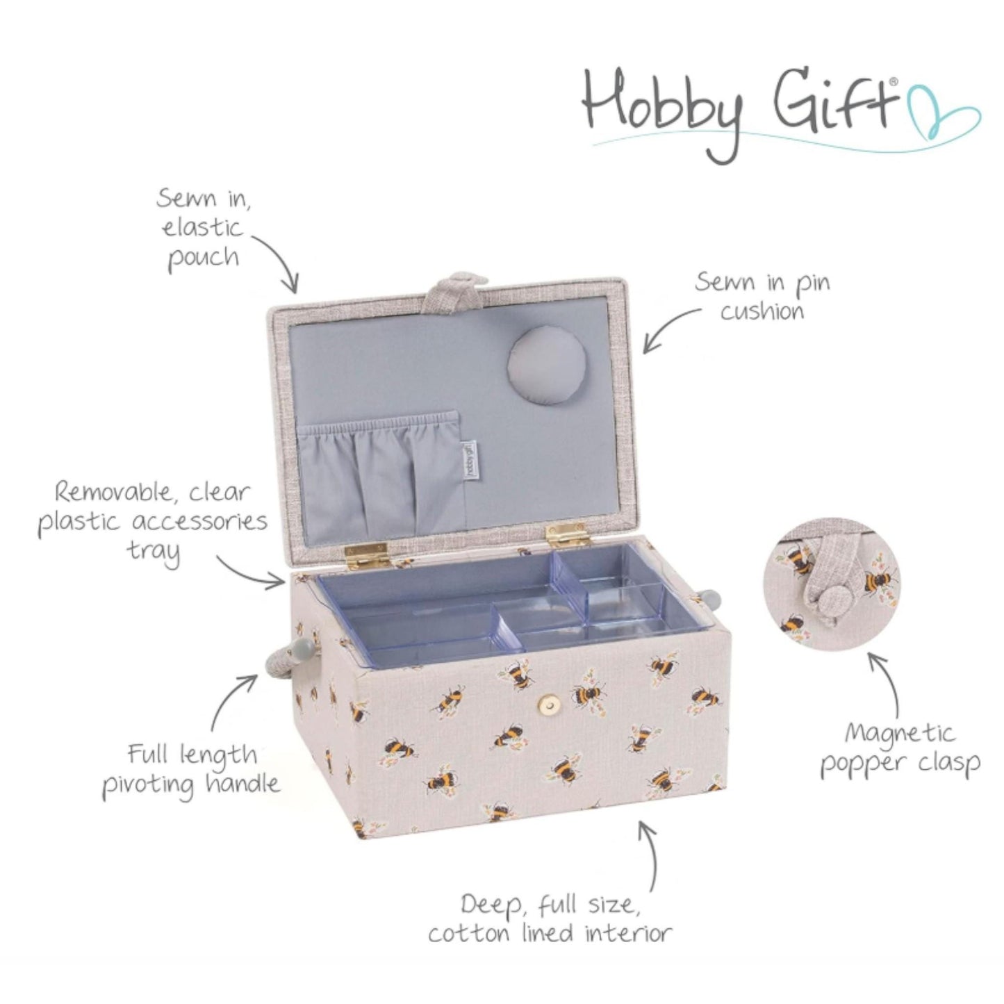Bee Embroidered Sewing Basket Medium Box with Optional Sewing Kit