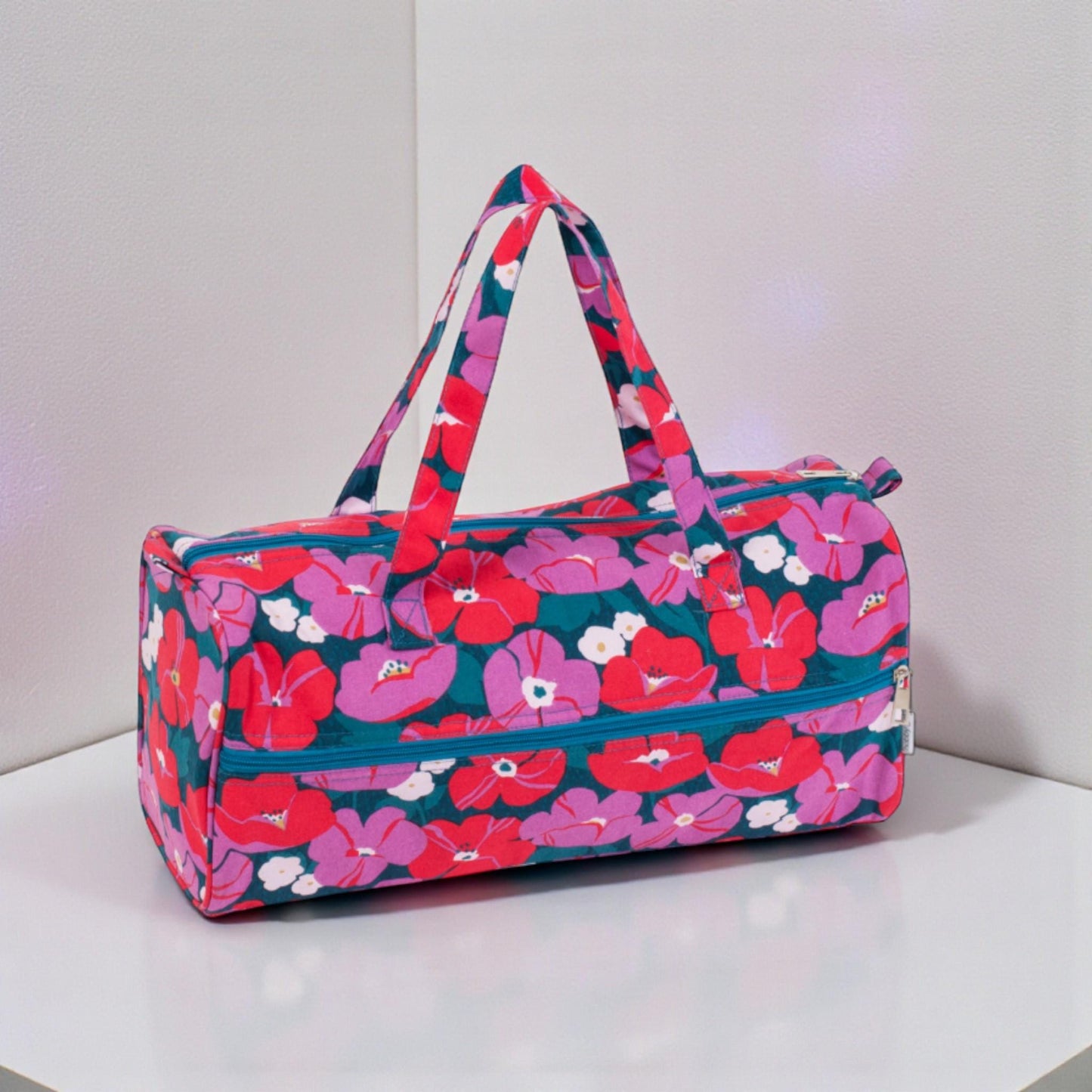 Modern Floral Knitting Bag – Cotton Yarn Storage with Zip Pocket & Handles