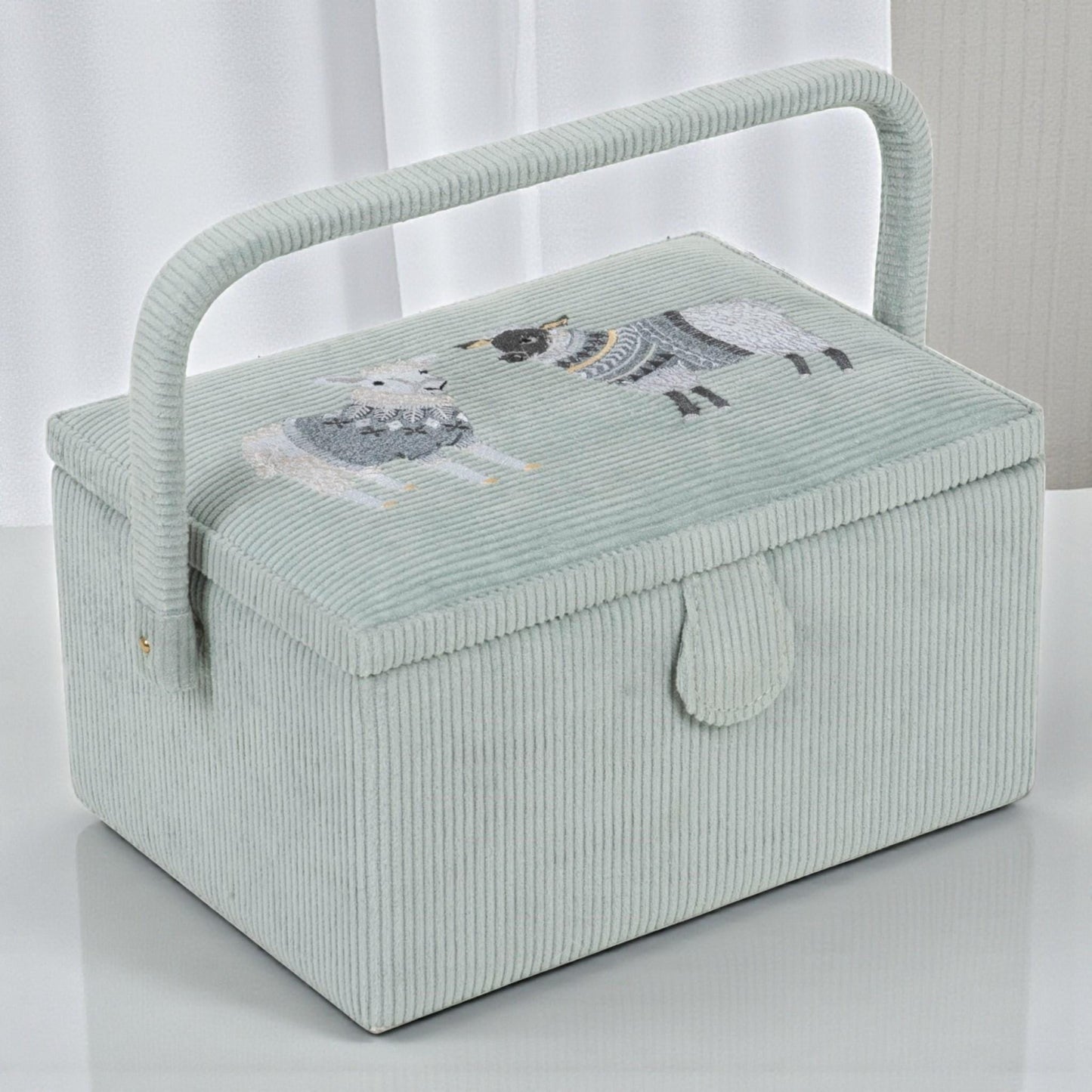 Sewing Basket Woolly Pully Design with Embroidered Sheep, Padded Lid, Storage Tray & Pin Cushion