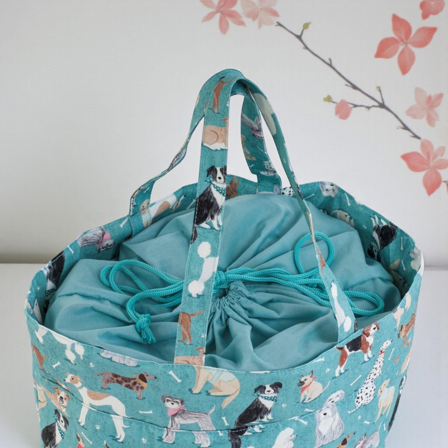 Dogs Knitting & Craft Storage Bag. Cotton Padded Tote with Drawstring