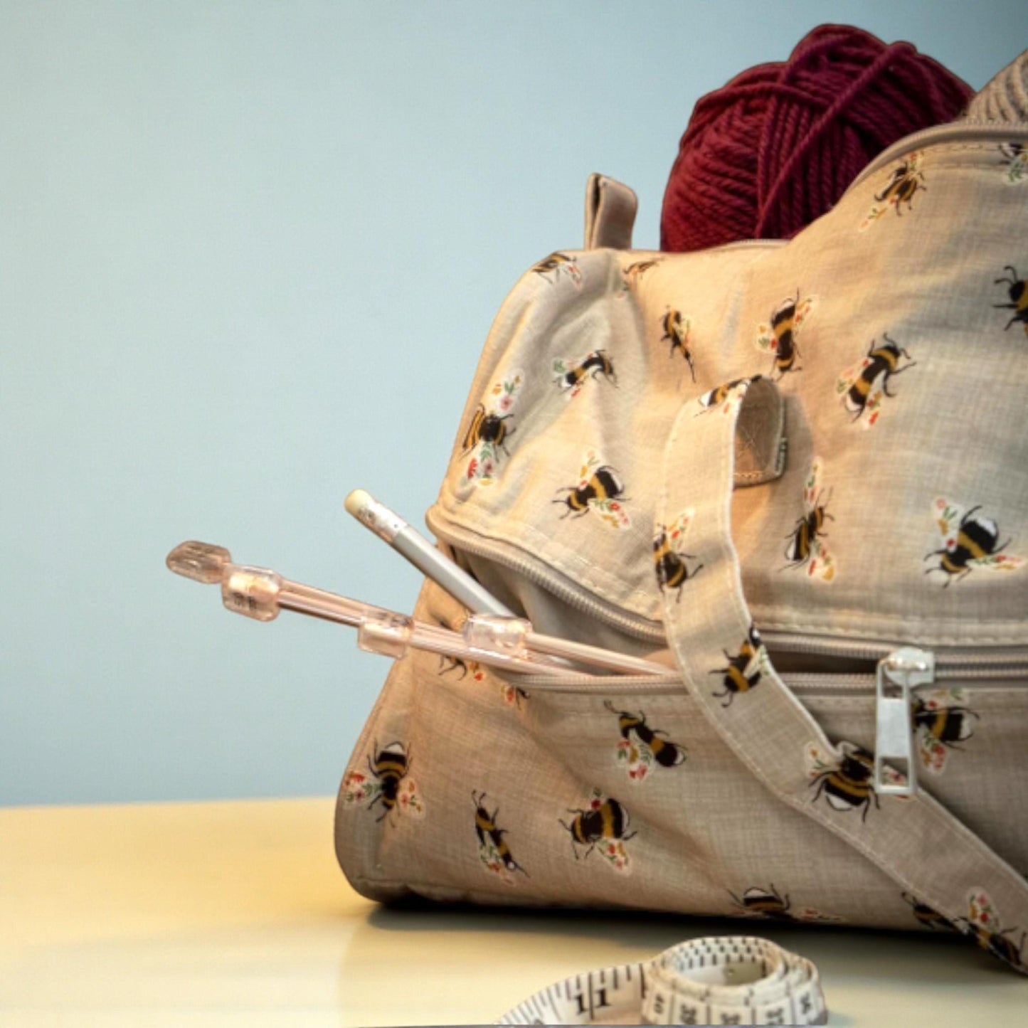 Long Knitting Bag Bee Design. Cotton Yarn Storage Tote with Zip. Knitting & Crochet Organizer