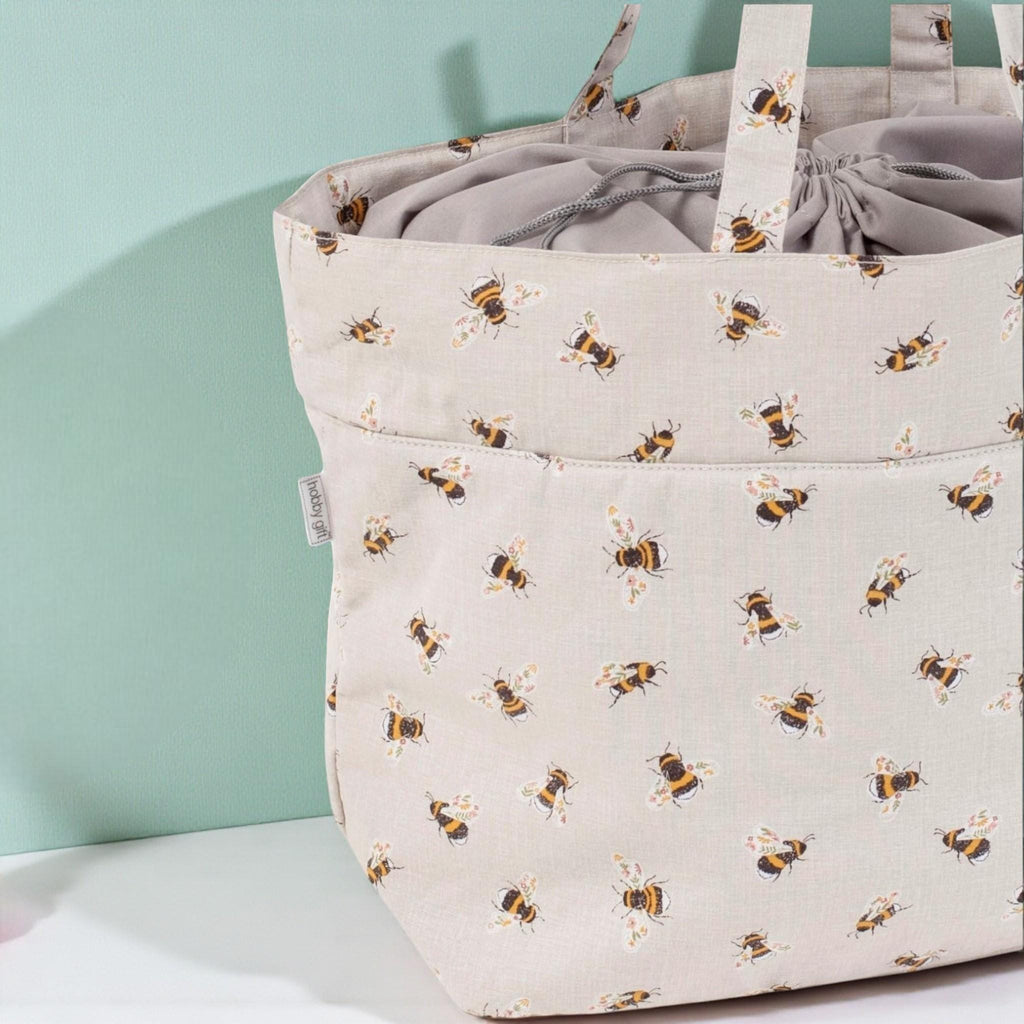 Bee Knitting & Craft Storage Bag. Cotton Padded Tote with Drawstring