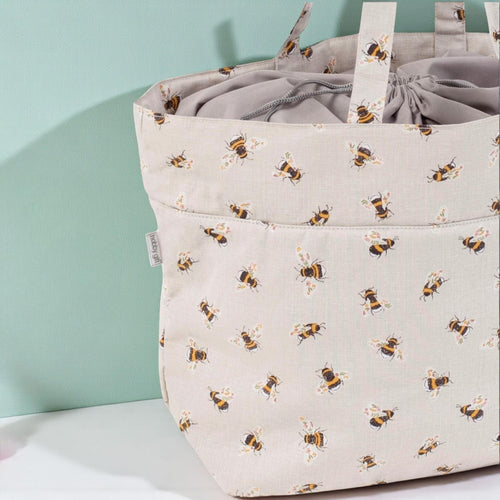 Bee Knitting & Craft Storage Bag. Cotton Padded Tote with Drawstring