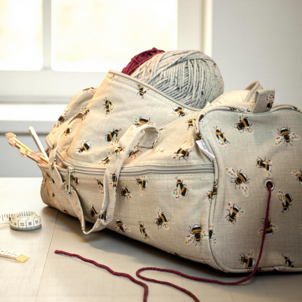 Long Knitting Bag Bee Design. Cotton Yarn Storage Tote with Zip. Knitting & Crochet Organizer