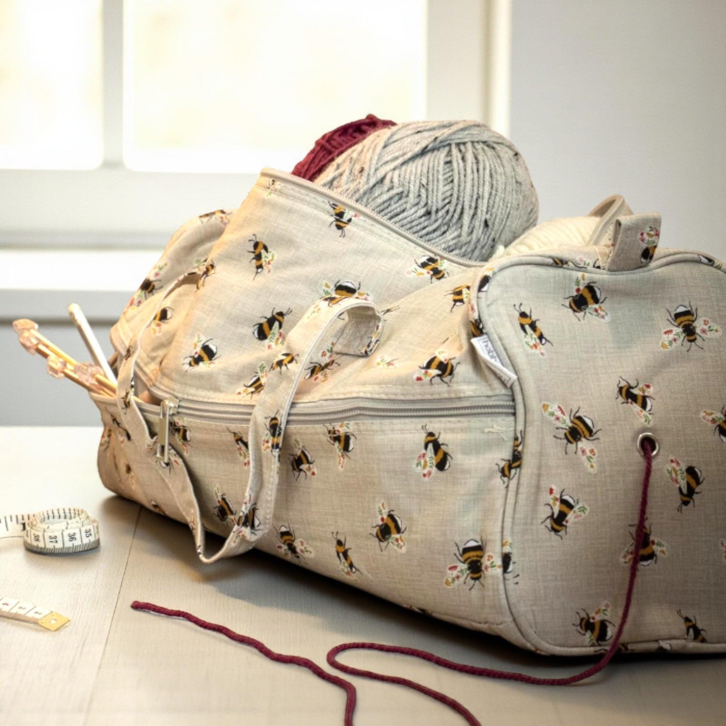 Long Knitting Bag Bee Design. Cotton Yarn Storage Tote with Zip. Knitting & Crochet Organizer
