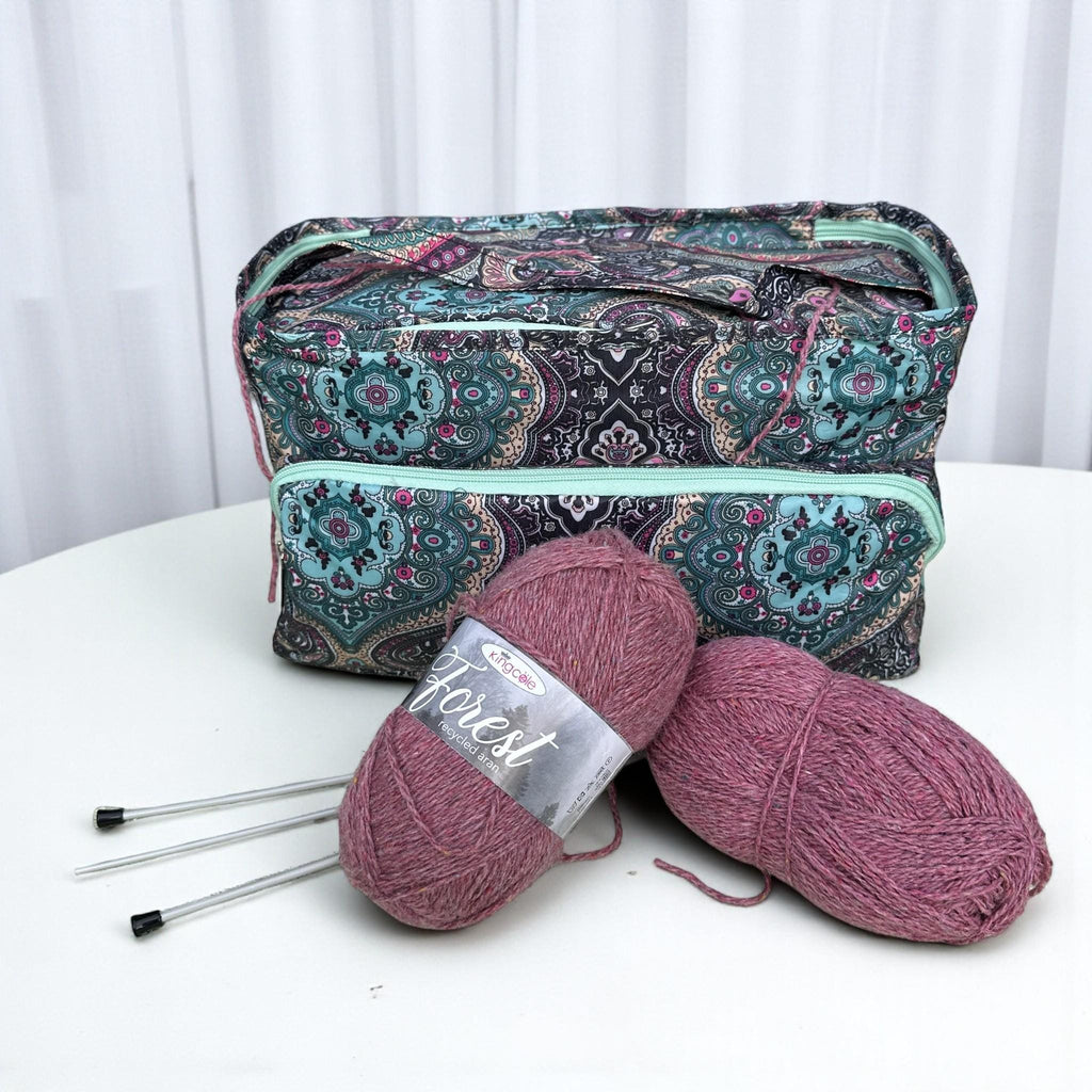 Lightweight Knitting Bag Yarn Storage. Abstract Pink & Green Pattern, 3 Feeder Holes, Front Storage Pocket