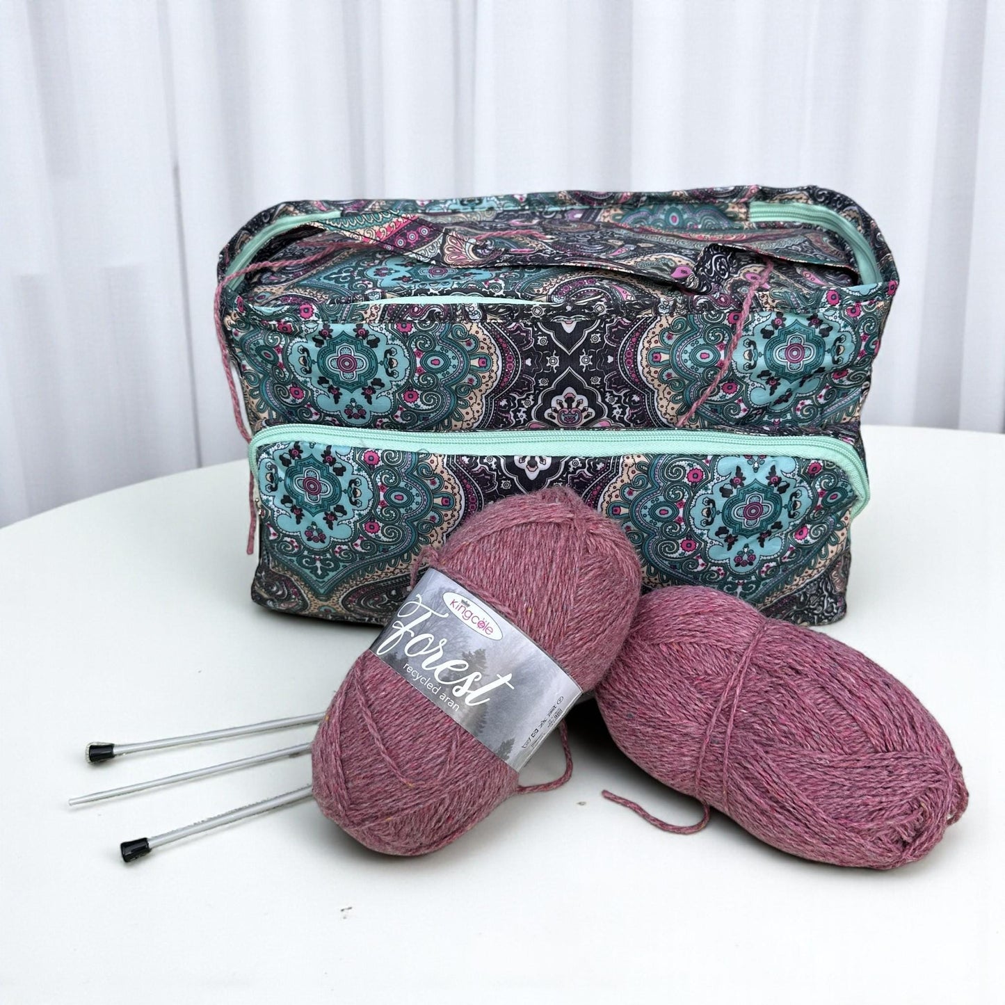 Lightweight Knitting Bag Yarn Storage. Abstract Pink & Green Pattern, 3 Feeder Holes, Front Storage Pocket