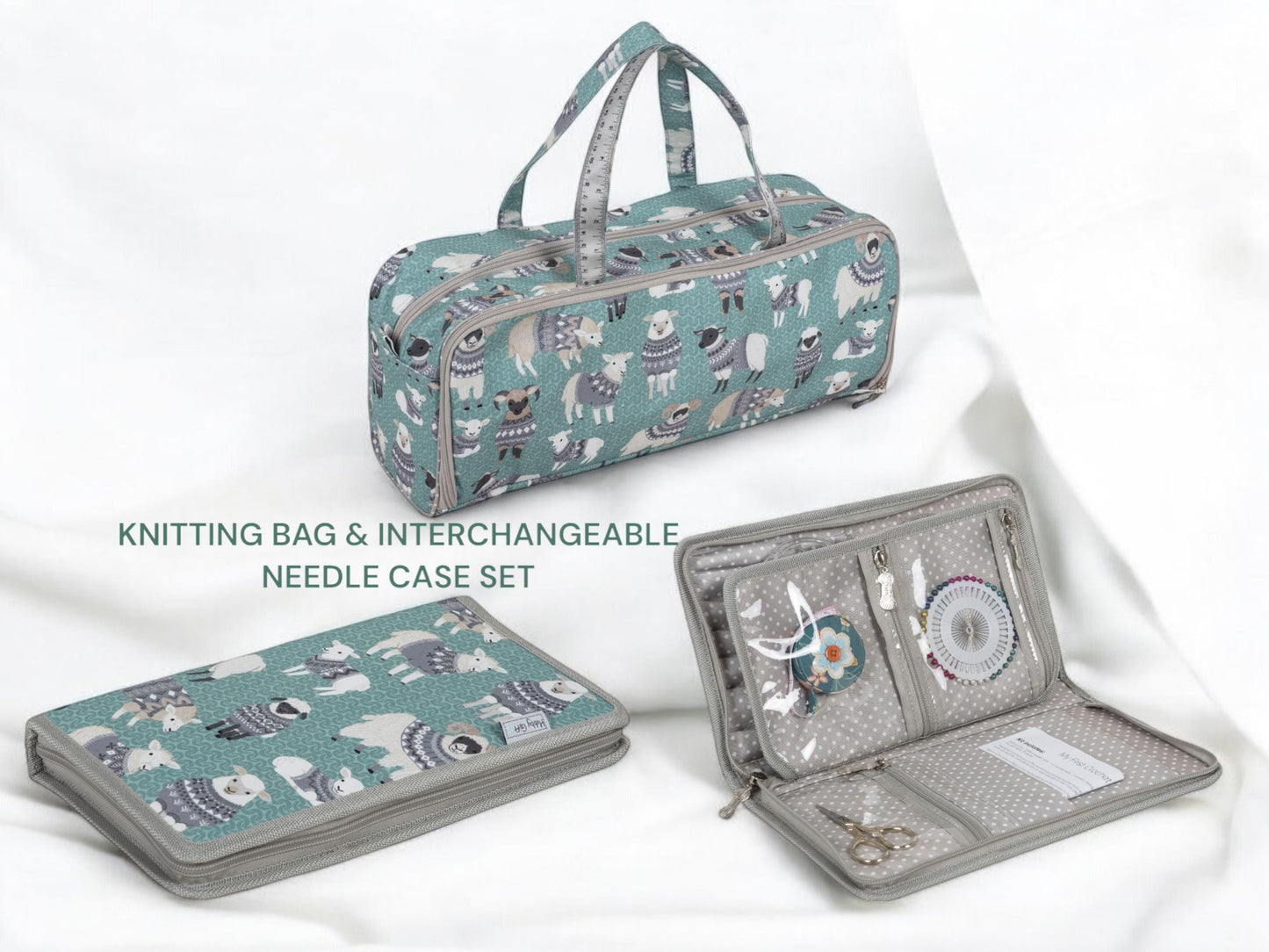 KNITTING STORAGE SET: Knitting Bag & Interchangeable Needle Case. Woolly Pully Design