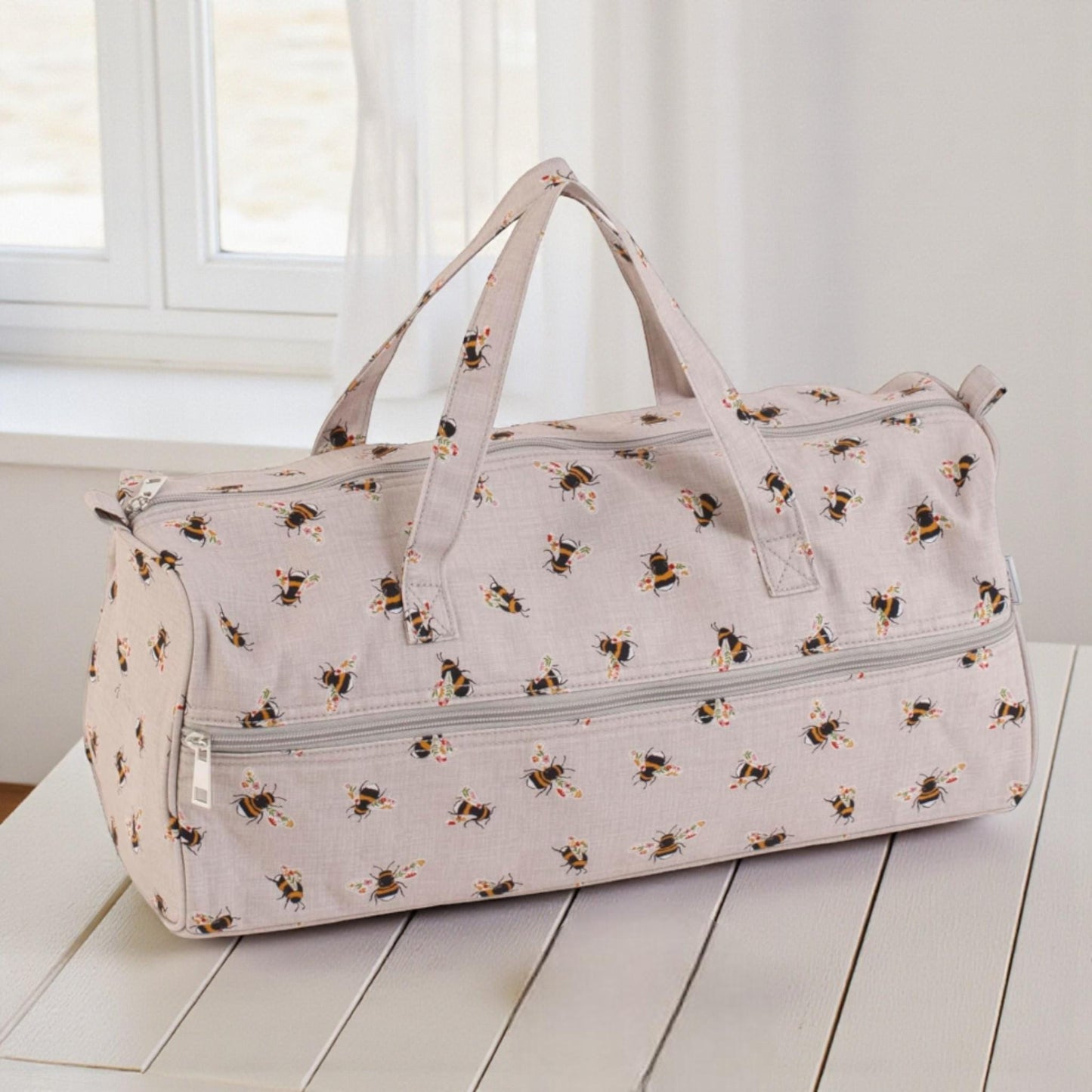 Long Knitting Bag Bee Design. Cotton Yarn Storage Tote with Zip. Knitting & Crochet Organizer