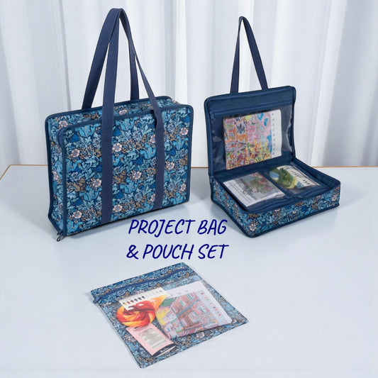Project Craft Bag & Pouch Set ~ Woodblock Floral Design Storage Set Blue