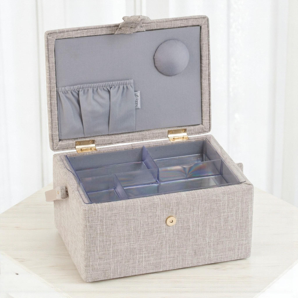 Sewing Basket ‘Birds on a Bobbin’ Design with Embroidered Lid  and optional Sewing Kit