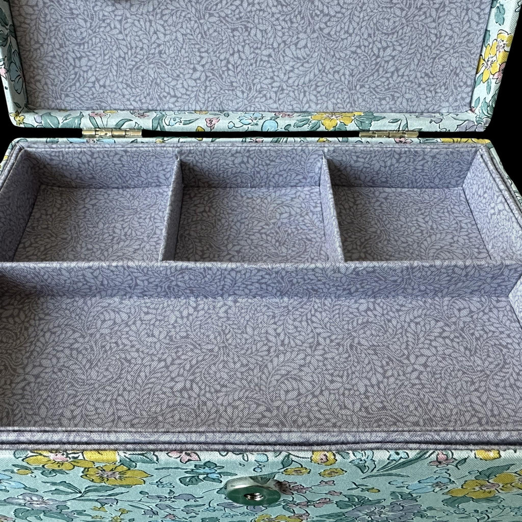 Pretty Liberty Sewing Box in Pale Blue, Yellow & Lilac Liberty Floral Cotton Print