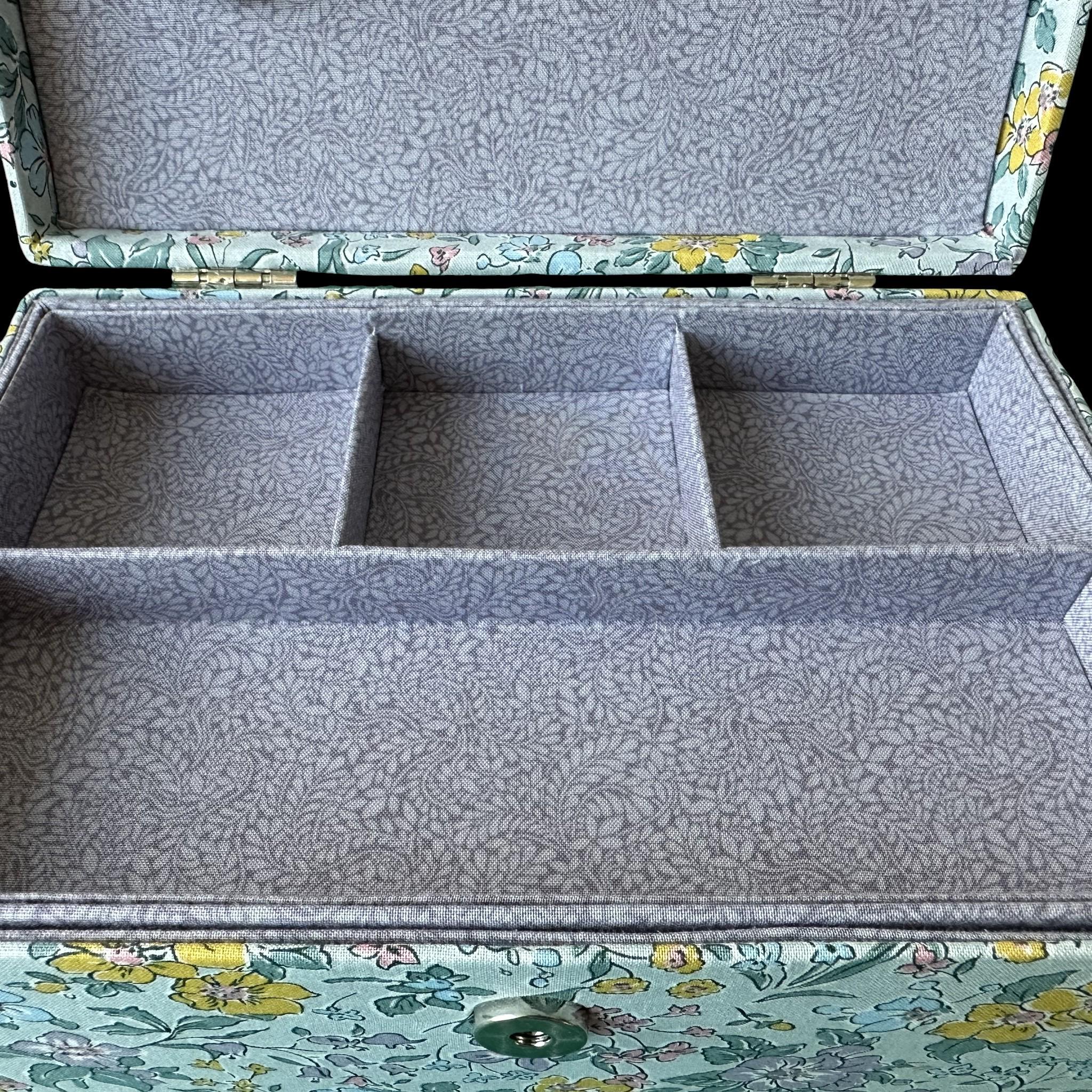 Pretty Liberty Sewing Box in Pale Blue, Yellow & Lilac Liberty Floral Cotton Print