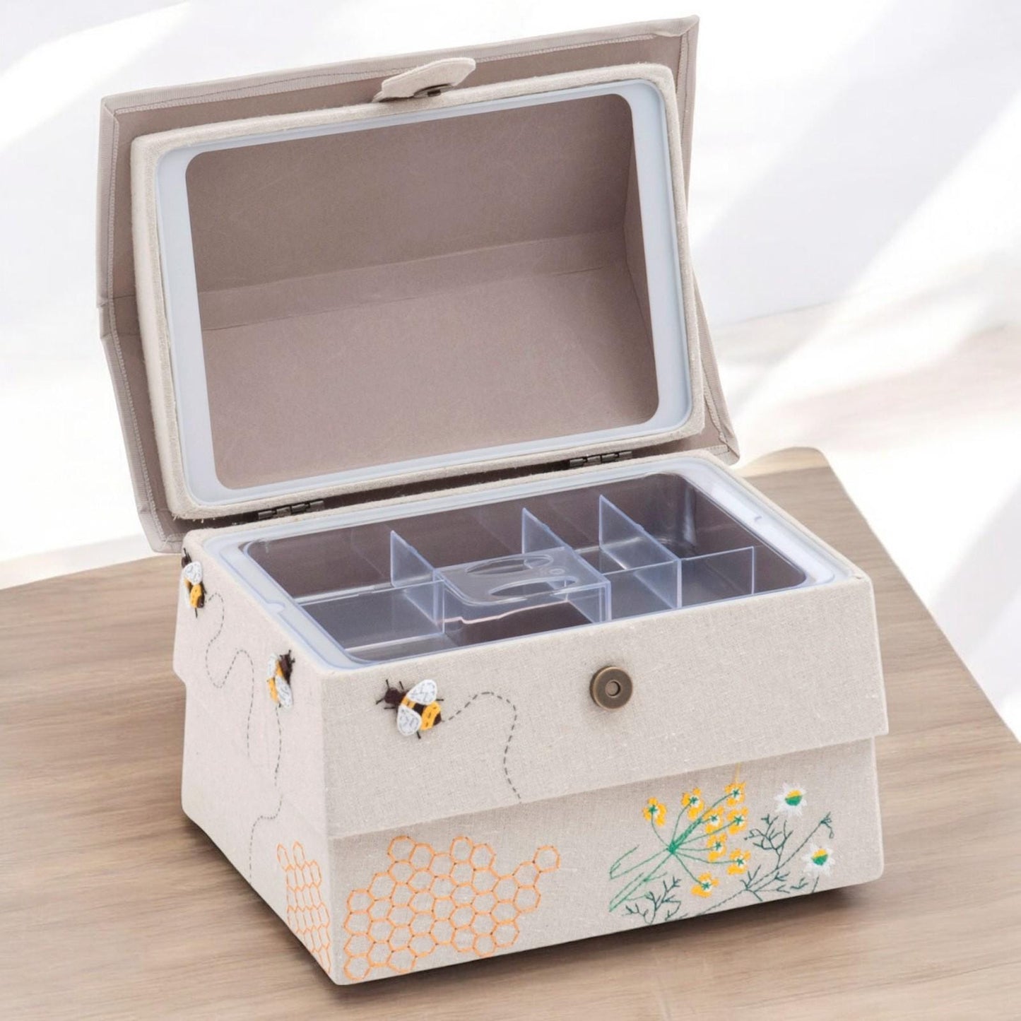 Bee Hive Sewing Basket with Tray, Appliqué Bees & Flowers