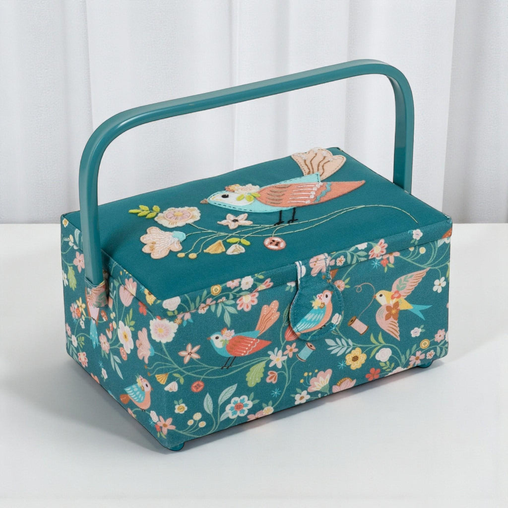 Sewing Basket Bird Aviary Embroidered Design with Optional Sewing Accessory Kit