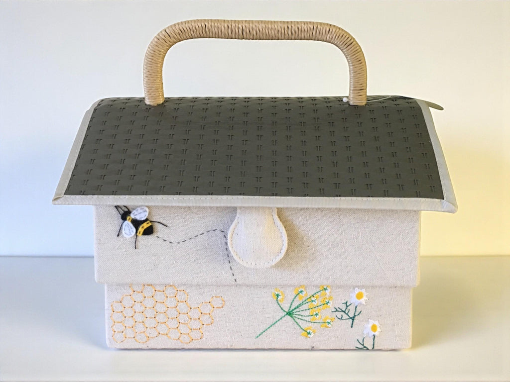 Bee Hive Sewing Basket with Pin Cushion, Appliqué Bees and Flowers