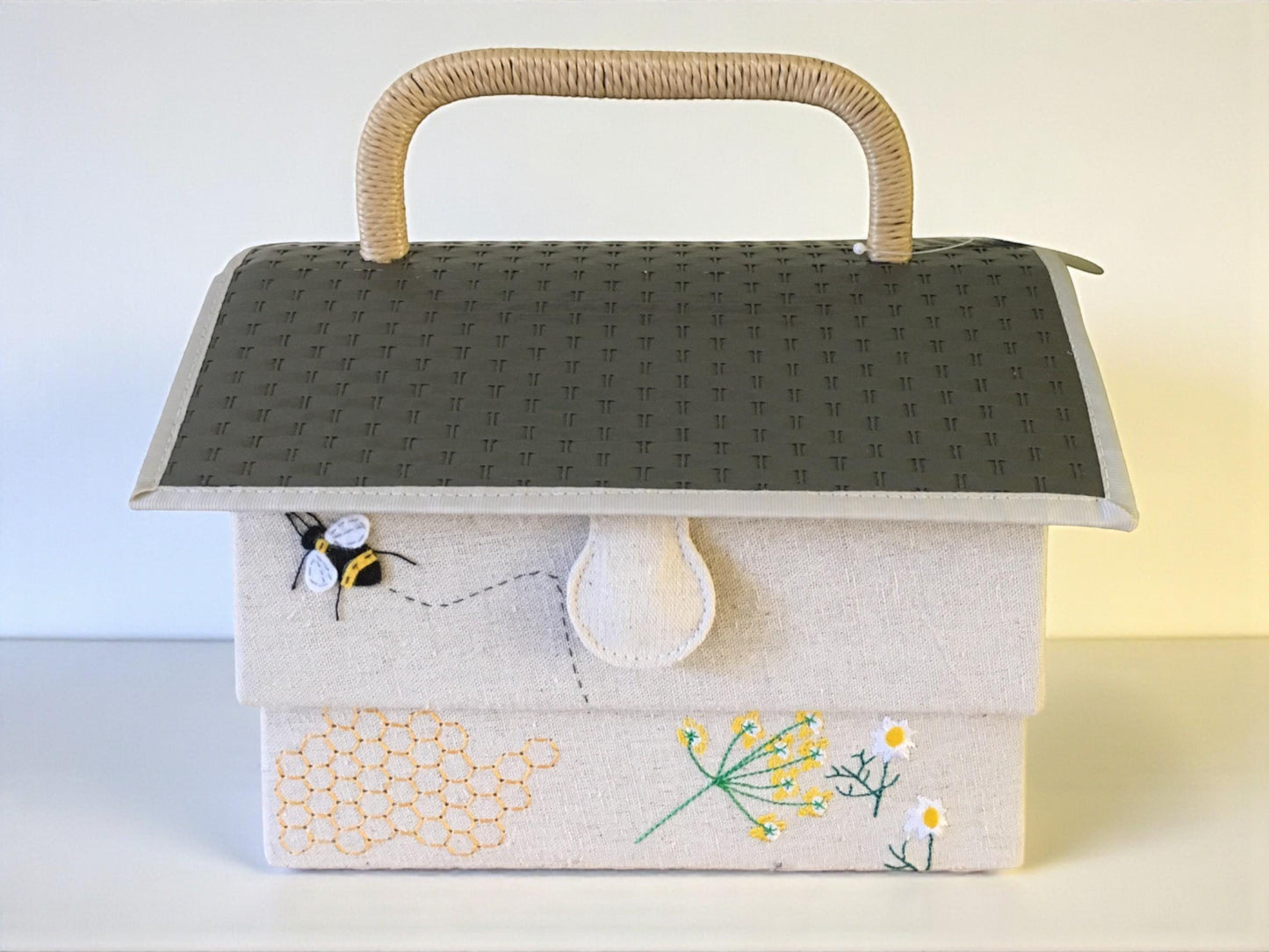 Bee Hive Sewing Basket with Pin Cushion, Appliqué Bees and Flowers