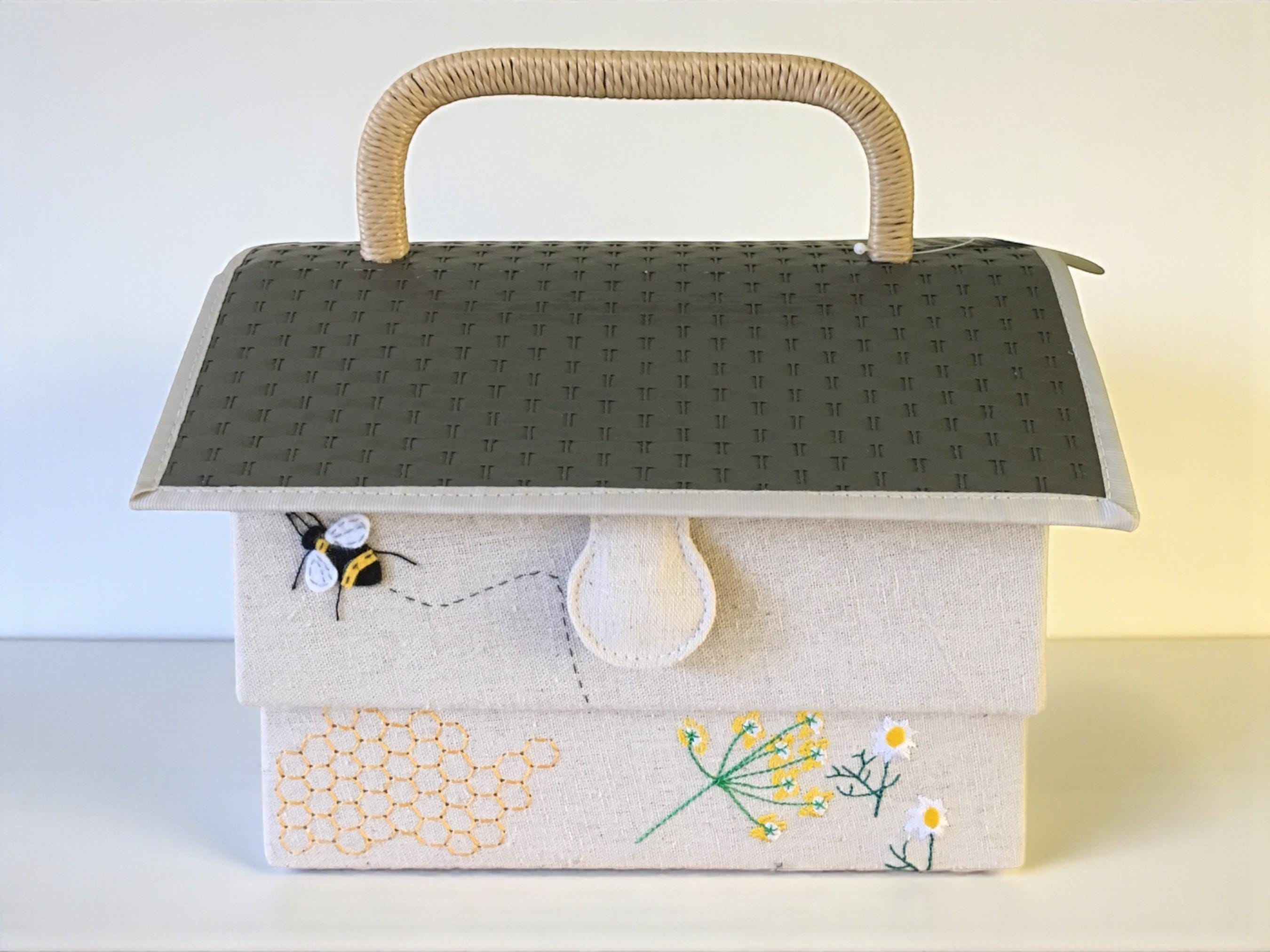 Bee Hive Sewing Basket with Pin Cushion, Appliqué Bees and Flowers