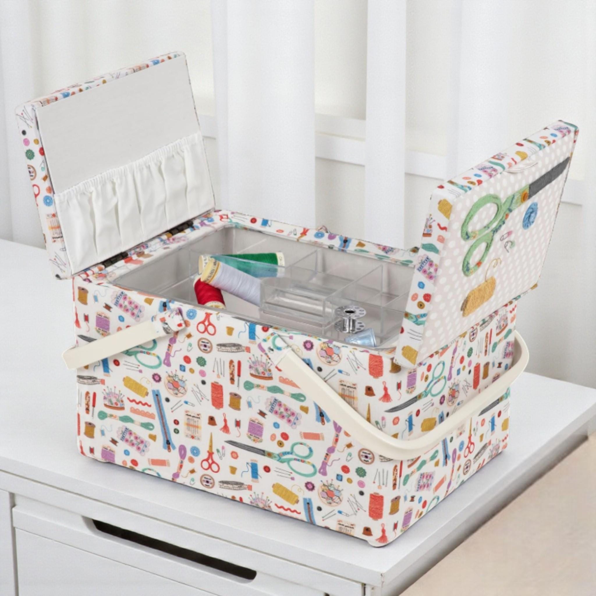 Large Twin-Lid Sewing Box Haby Notions Design  Cream Appliqué Embroidery. Sewing Storage