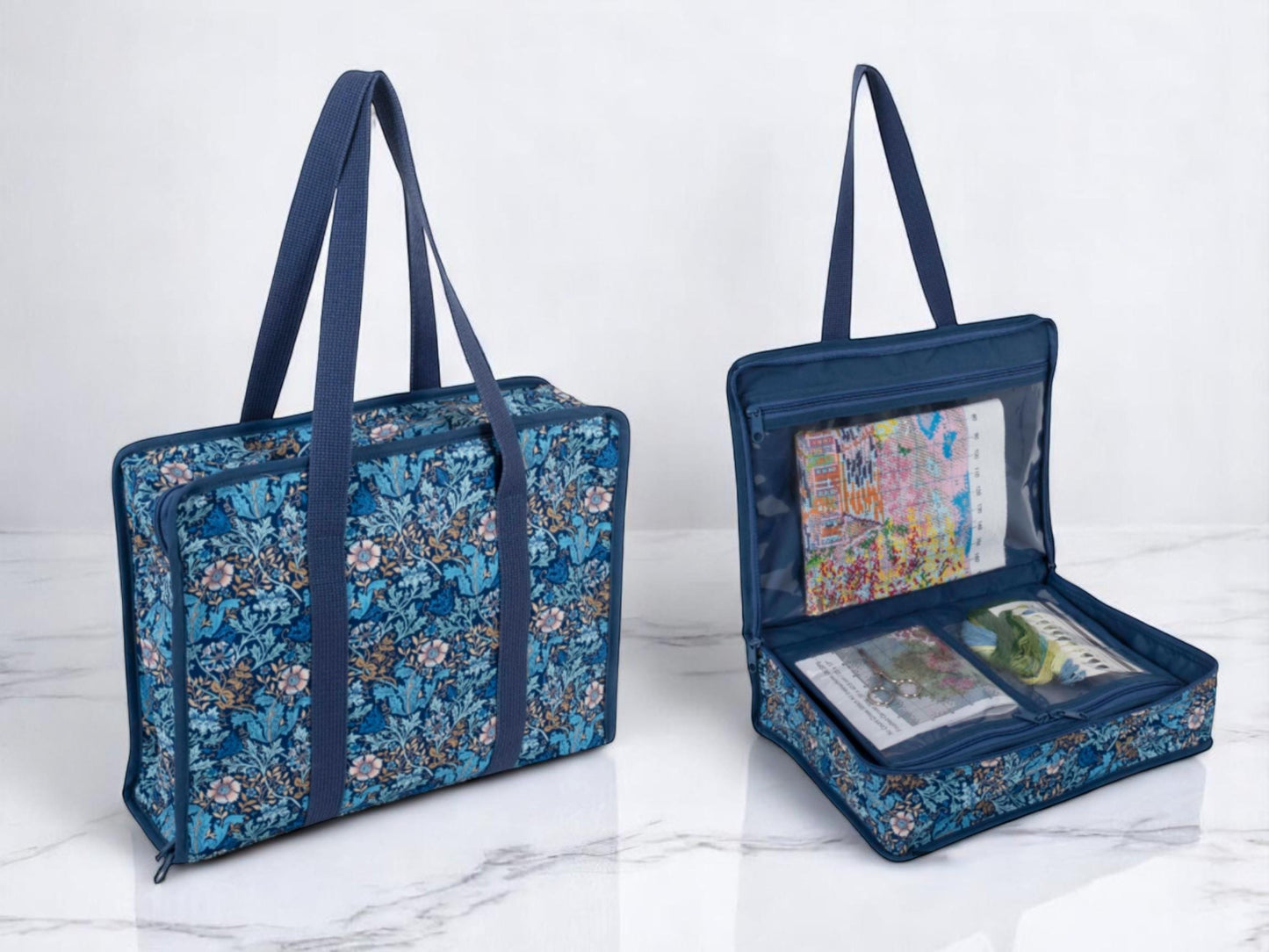 Project Craft Bag & Pouch Set ~ Woodblock Floral Design Storage Set Blue