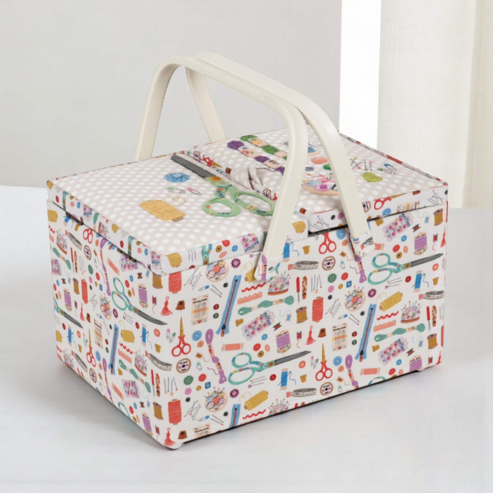 Large Twin-Lid Sewing Box Haby Notions Design  Cream Appliqué Embroidery. Sewing Storage