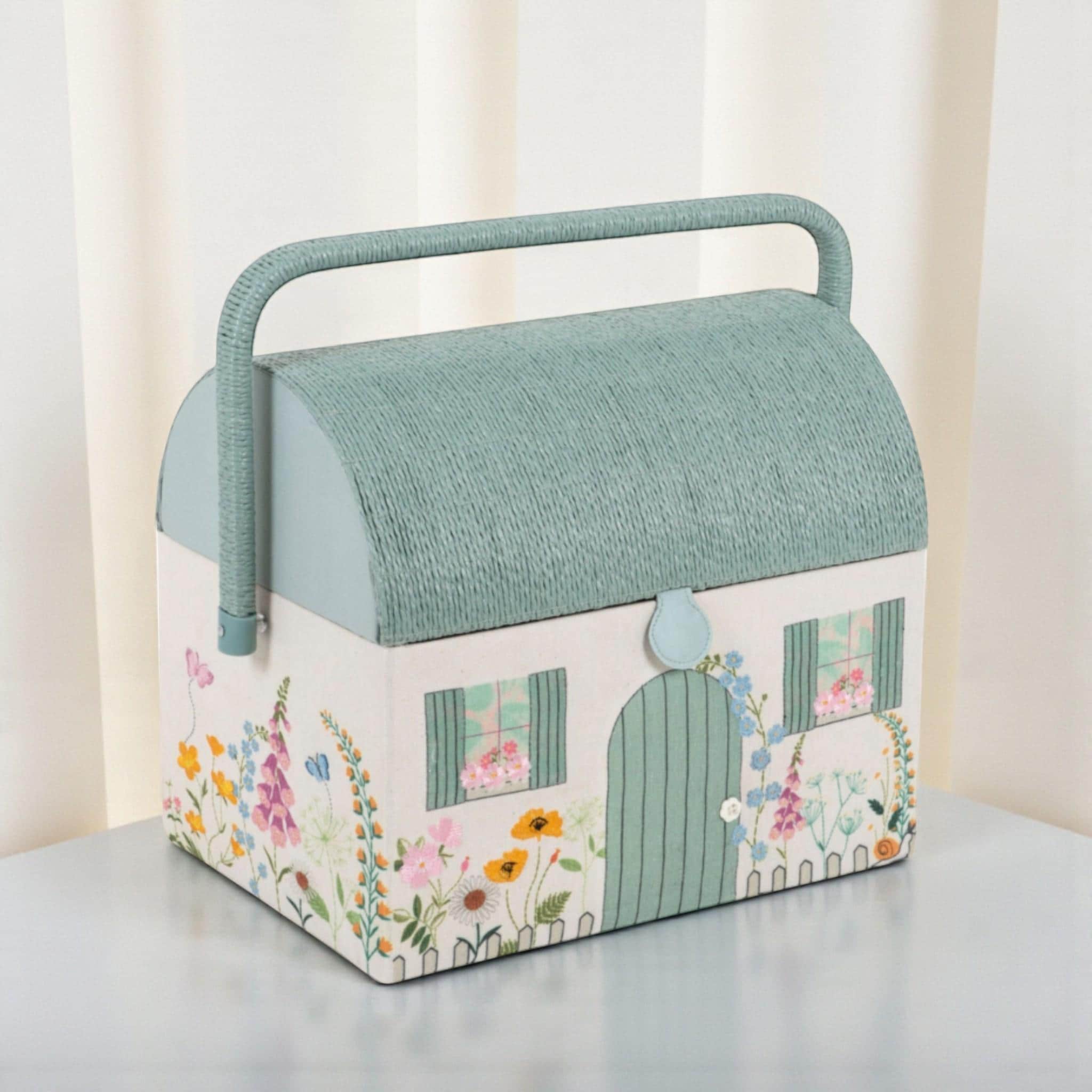 Country Cottage Sewing Box. Embroidered Floral Sewing Basket. Cottagecore Storage with Tray & Handle