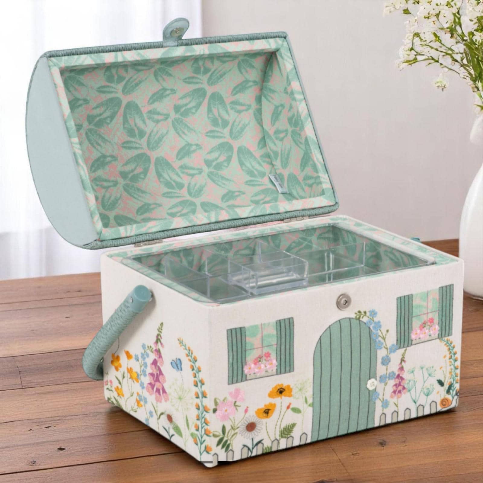 Country Cottage Sewing Box. Embroidered Floral Sewing Basket. Cottagecore Storage with Tray & Handle