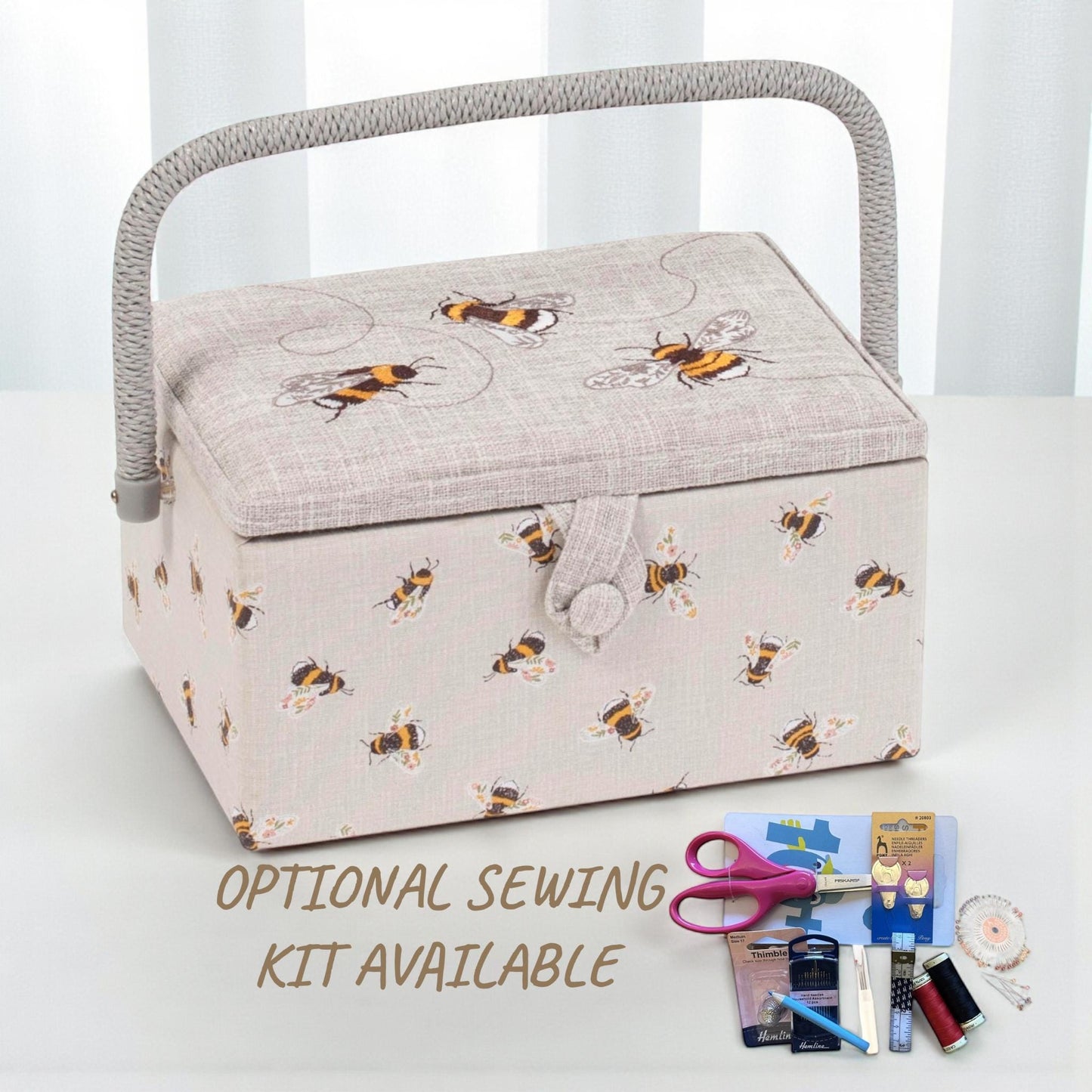 Bee Embroidered Sewing Basket Medium Box with Optional Sewing Kit