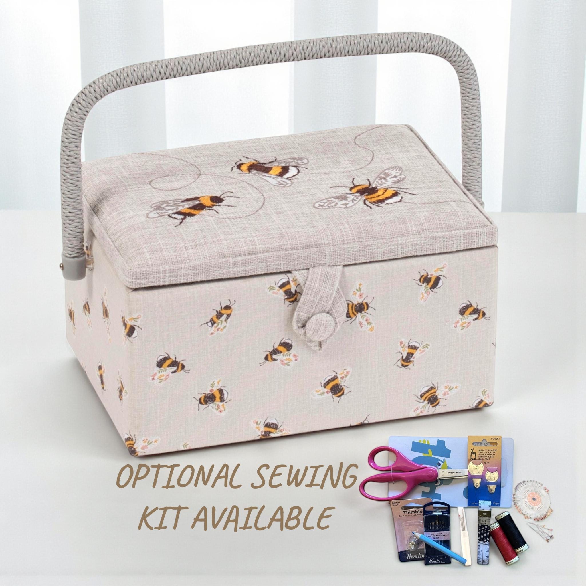 Bee Embroidered Sewing Basket Medium Box with Optional Sewing Kit