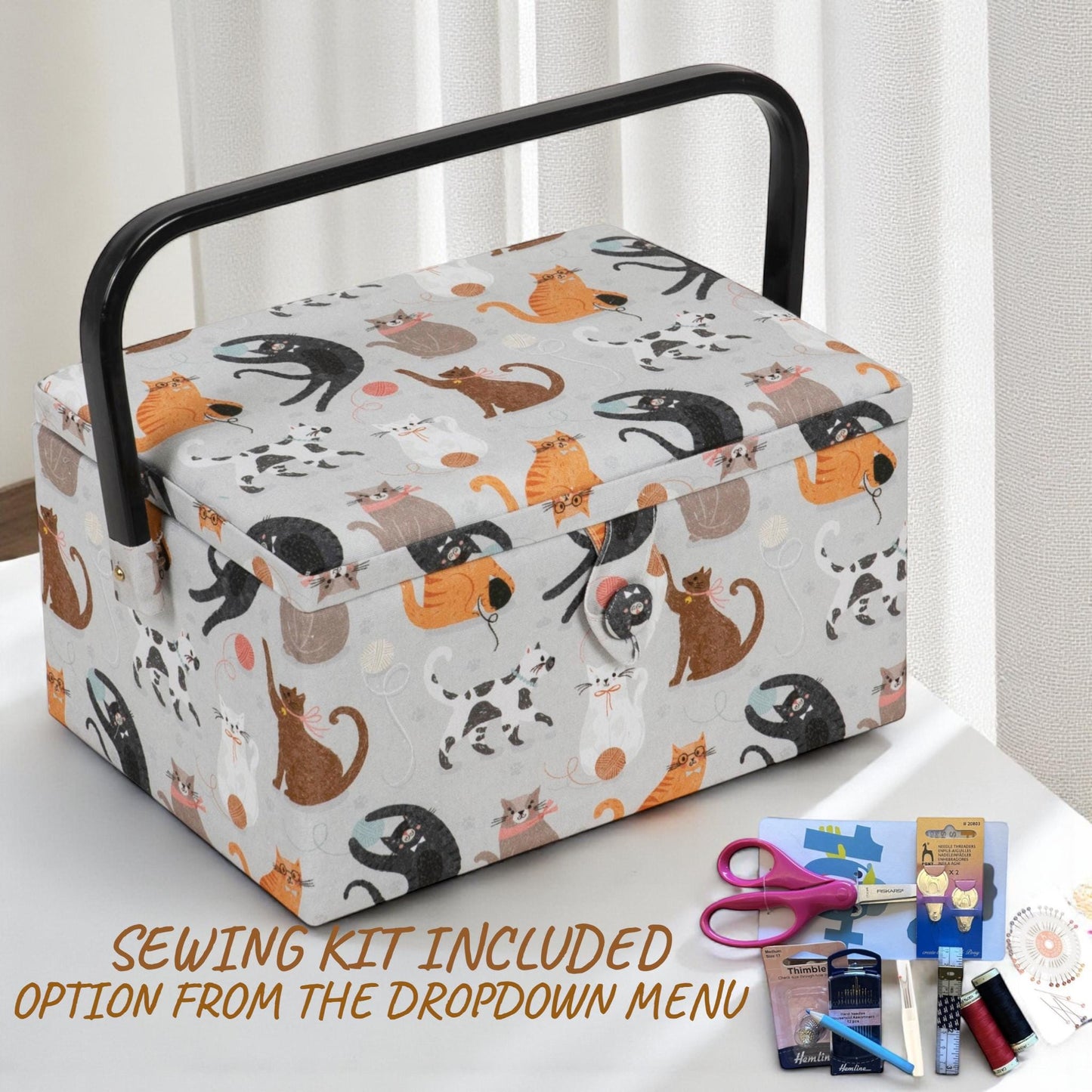 SEWING BASKET Cats Design Medium Size with Optional Quality Sewing Kit