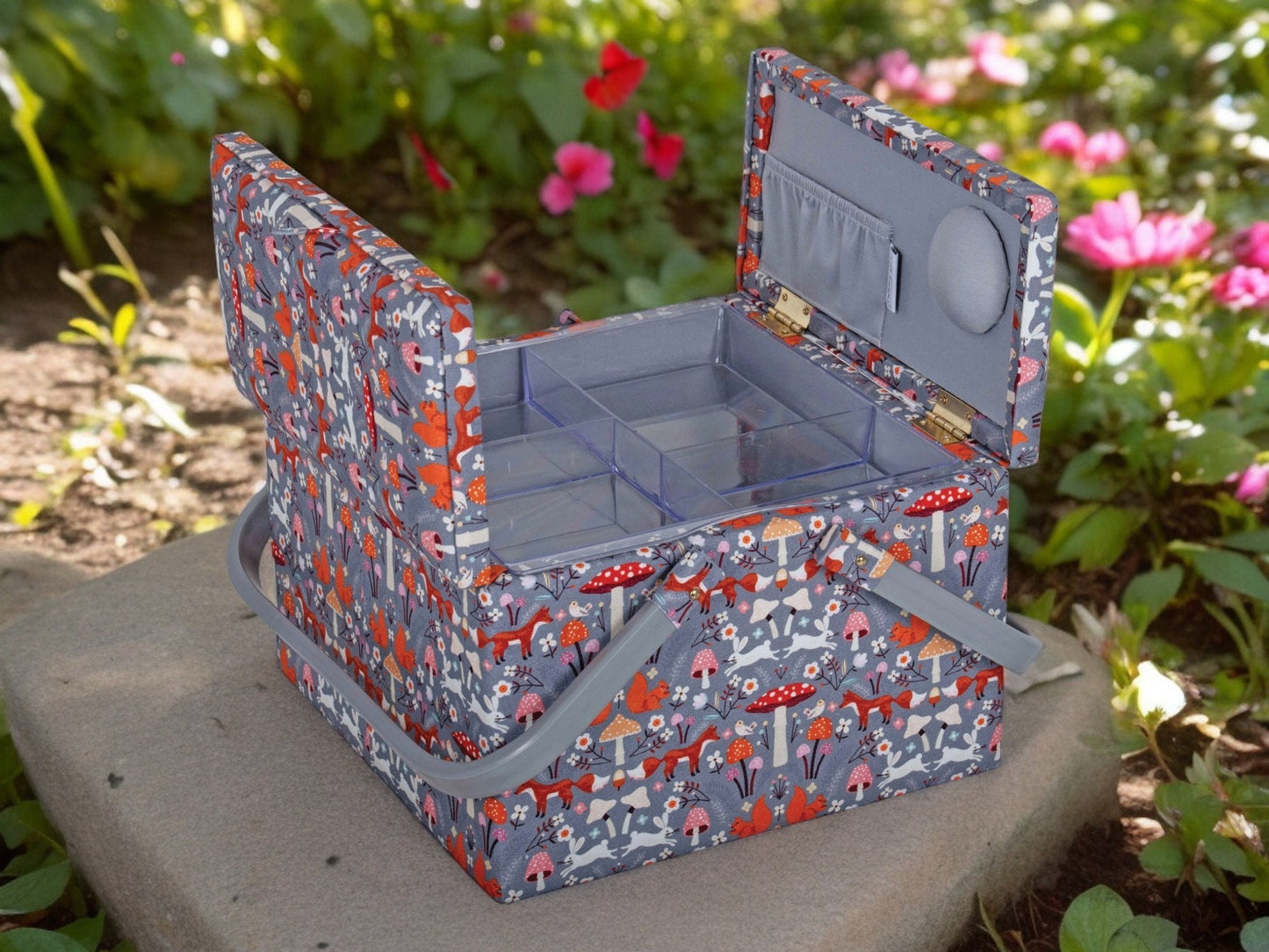 SEWING BASKET BOX Woodland Toadstool Square Design With Twin Lids