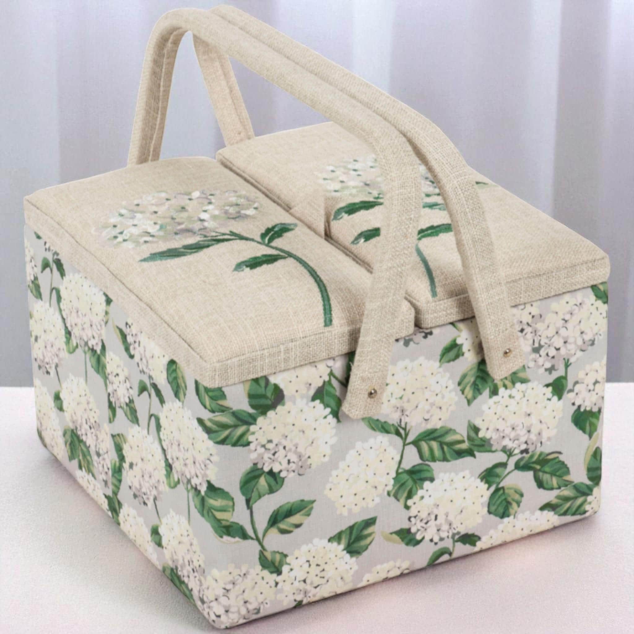 Sewing Basket Hydrangea Embroidered  – Large Fabric Craft Box with Storage Tray