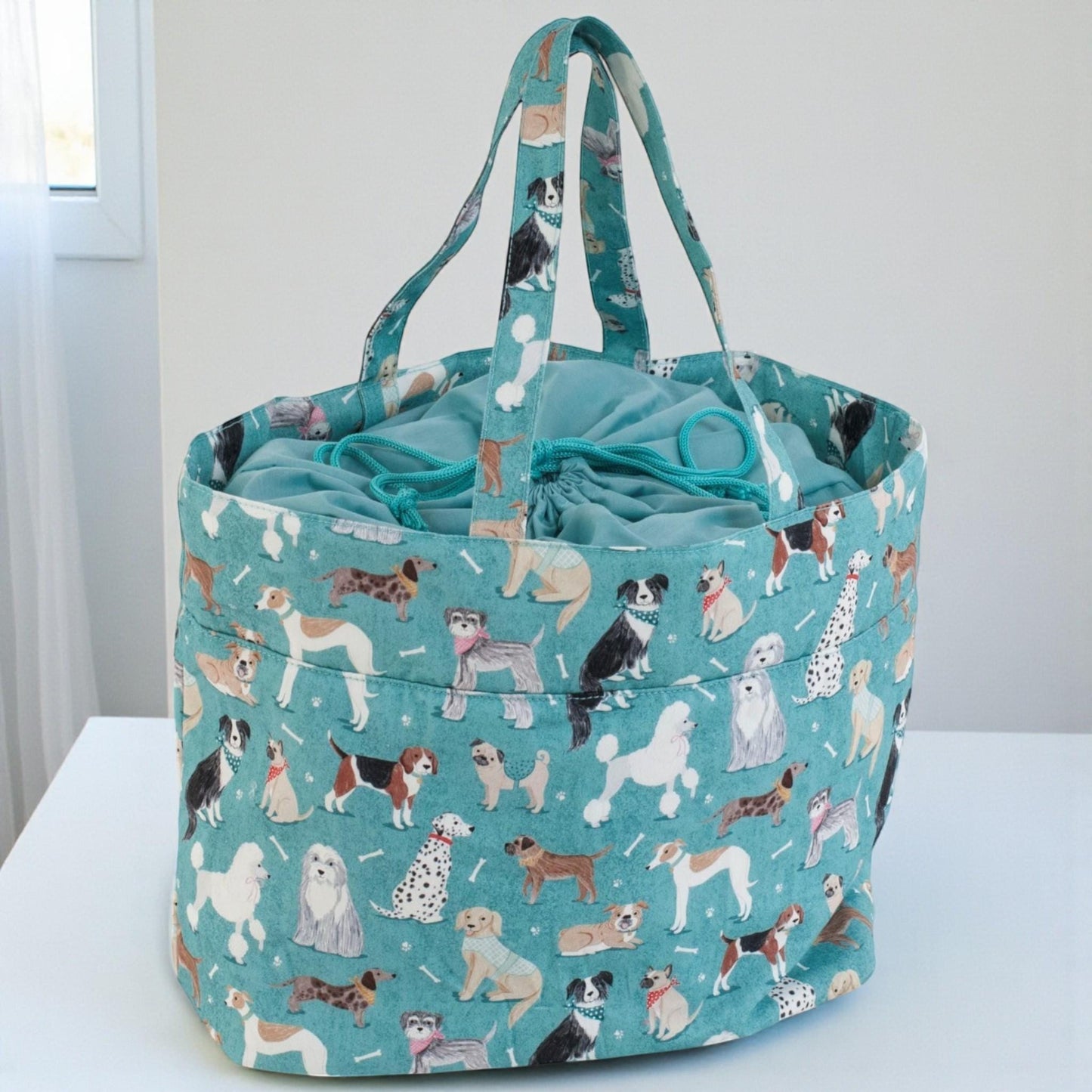 Dogs Knitting & Craft Storage Bag. Cotton Padded Tote with Drawstring