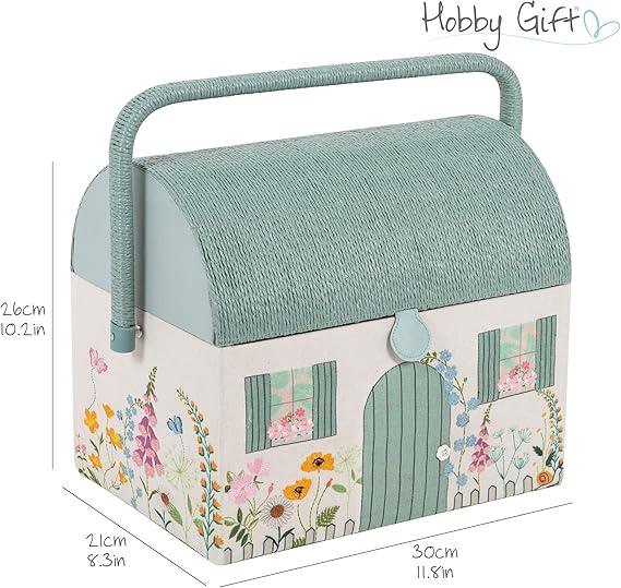 Country Cottage Sewing Box. Embroidered Floral Sewing Basket. Cottagecore Storage with Tray & Handle