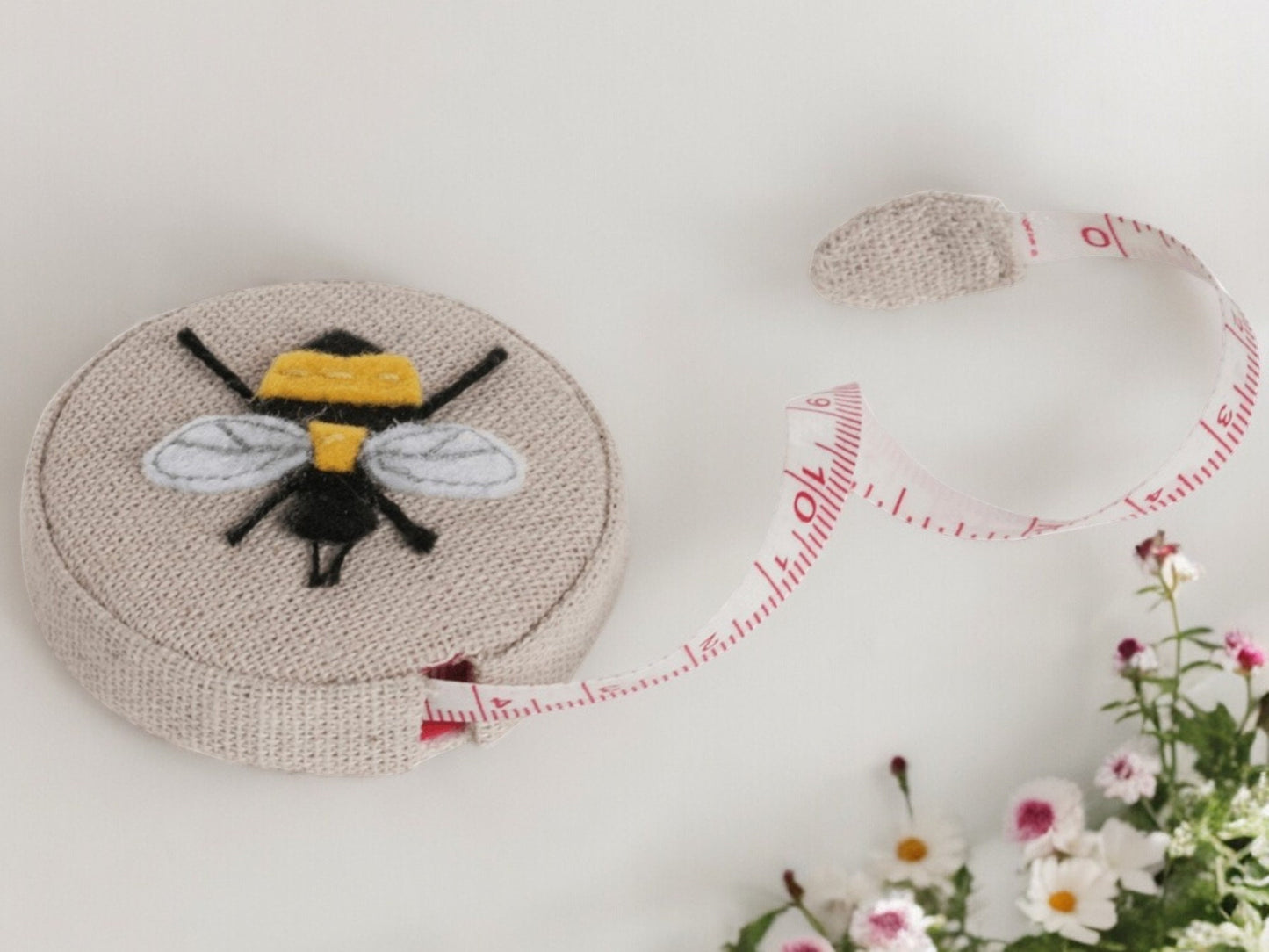 Bee Tape Measure. Appliqued handbag size tape
