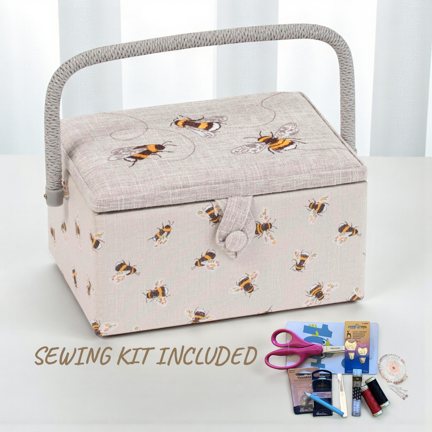 Bee Embroidered Sewing Basket Medium Box with Optional Sewing Kit