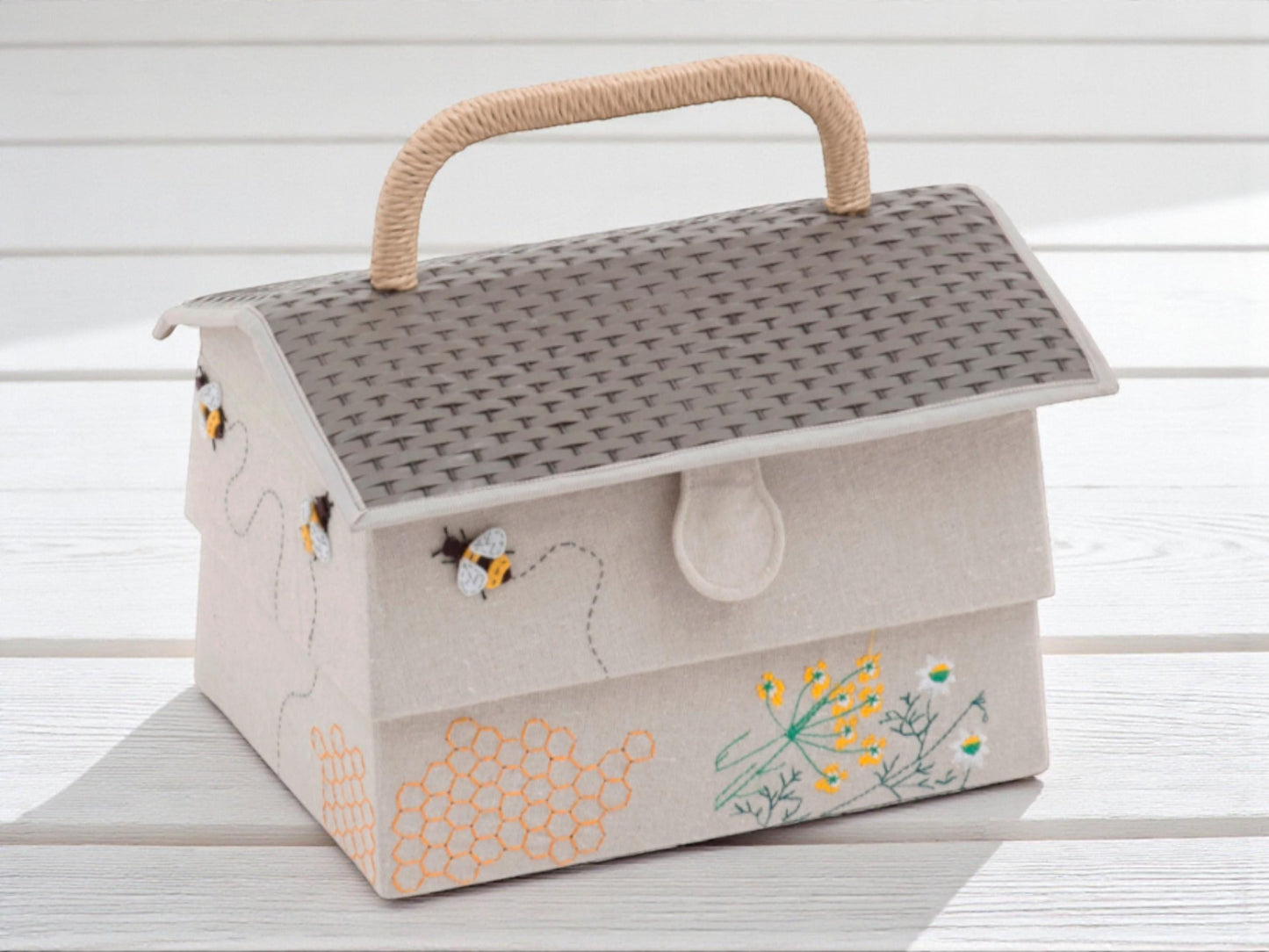 Bee Hive Sewing Basket with Pin Cushion, Appliqué Bees and Flowers