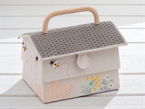 Bee Hive Sewing Basket with Pin Cushion, Appliqué Bees and Flowers