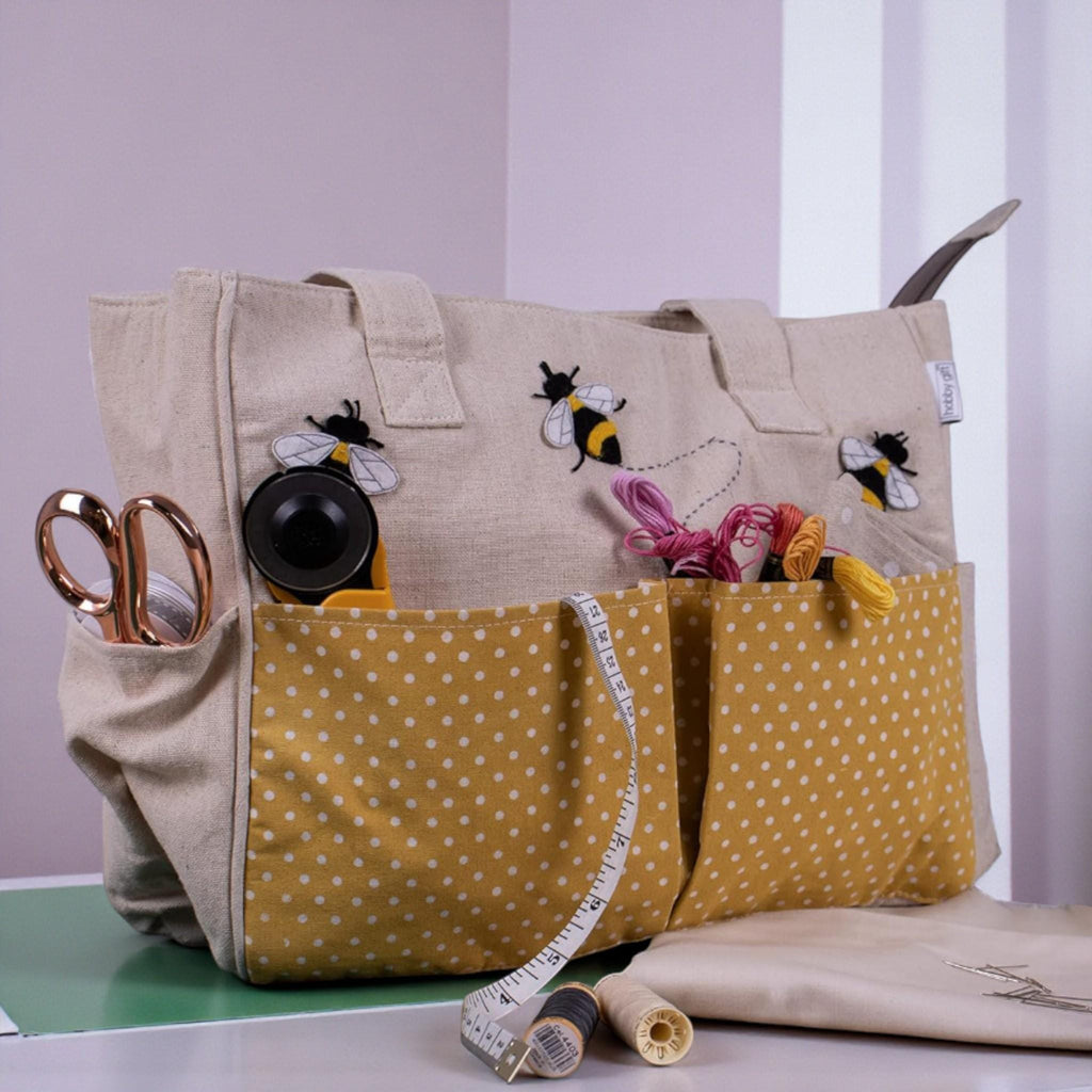 Bee Craft Storage Bag. Project Tote with Pockets and Zip Top. Applique Bee Design